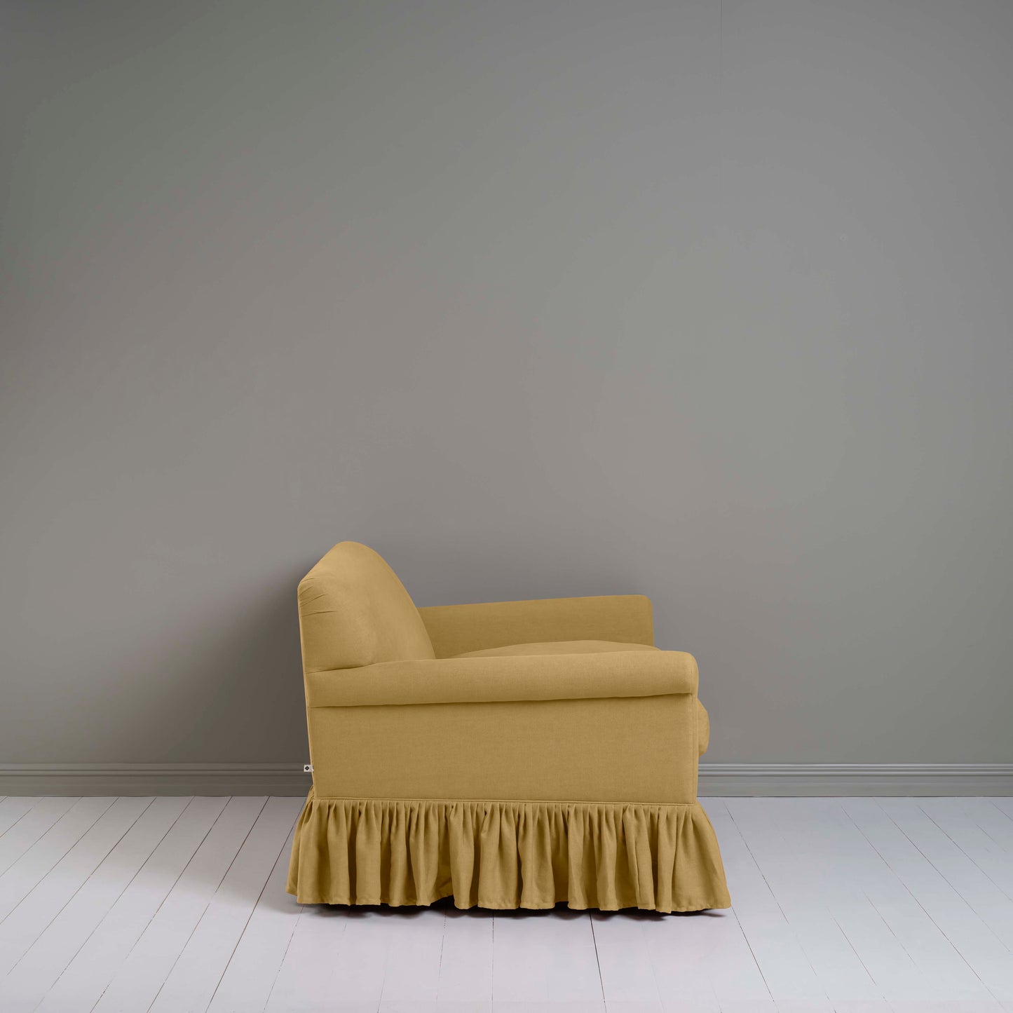 Curtain Call 2 Seater Sofa in Laidback Linen Ochre, Side View - Nicola Harding