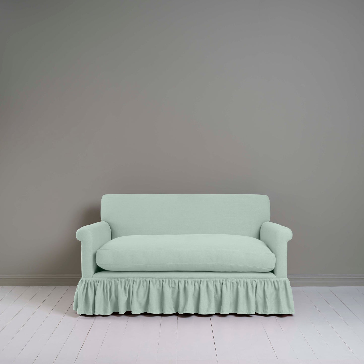 Curtain Call 2 Seater Sofa in Laidback Linen Sky, Front View - Nicola Harding
