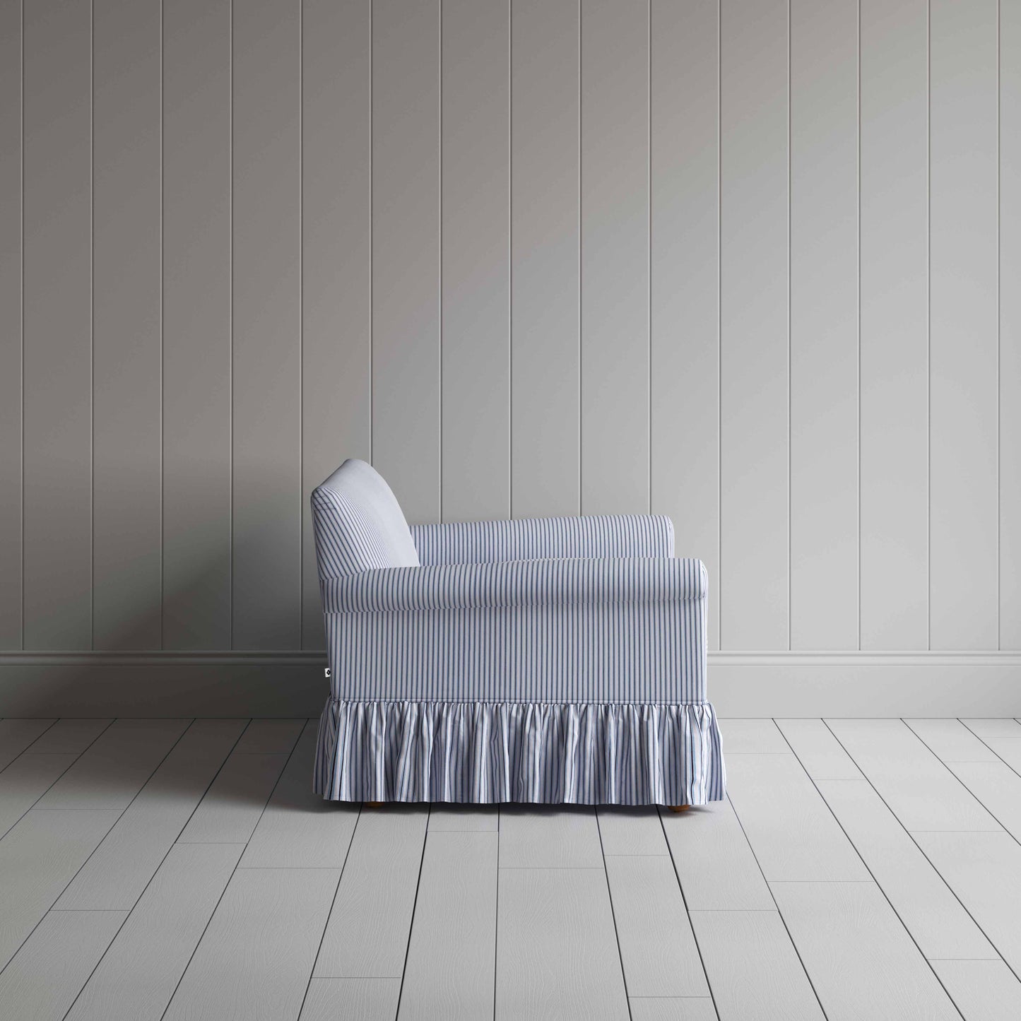 Curtain Call 2 Seater Sofa in Ticking Cotton, Aqua Brown, Side View - Nicola Harding