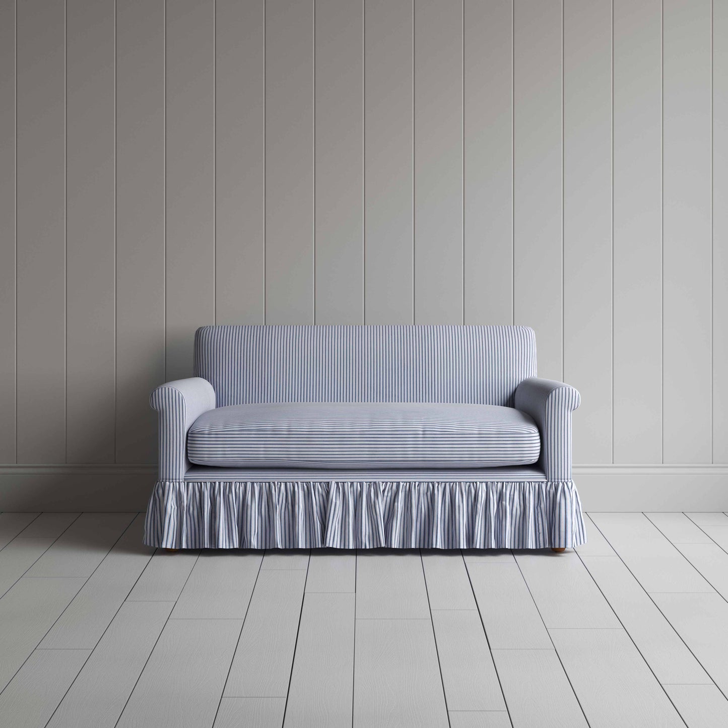 Curtain Call 2 Seater Sofa in Ticking Cotton, Aqua Brown, Front View - Nicola Harding