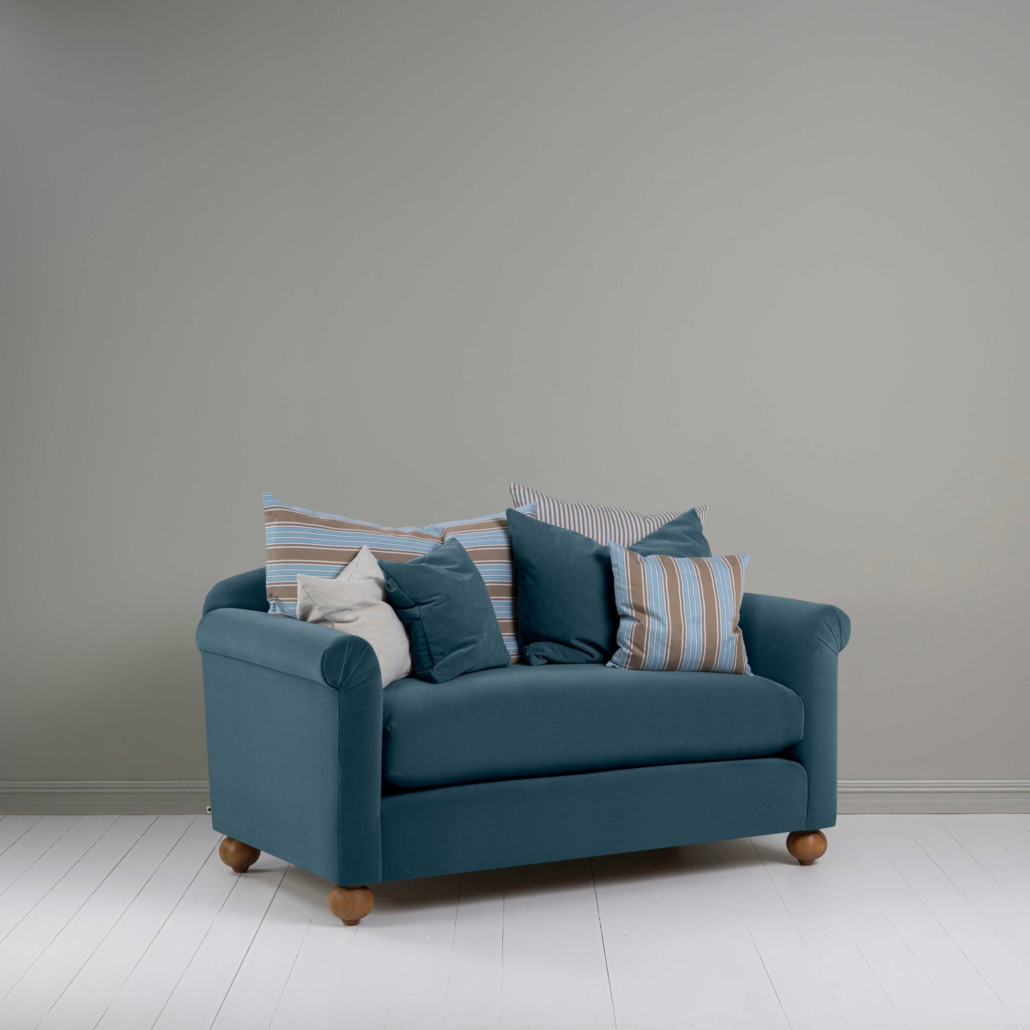 Dolittle 2-Seater Sofa in Intelligent Velvet Aegean, With Six NiX Aesthetic Cushions - Nicola Harding