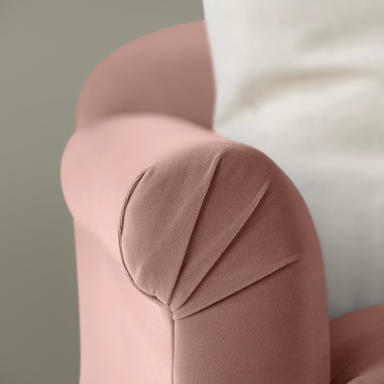 Dolittle 2-Seater Sofa in Intelligent Velvet Dusky Pink, Arm Design Closeup - Nicola Harding