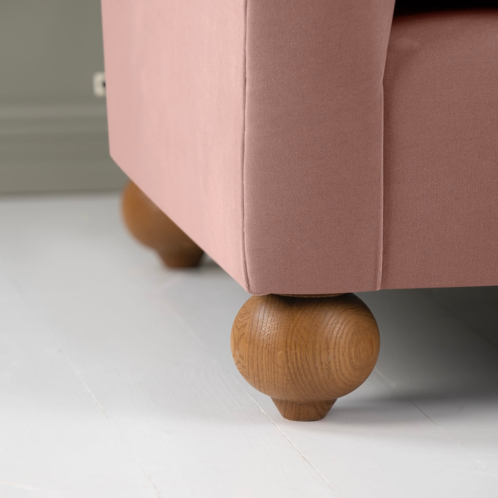  Dolittle 2-Seater Sofa in Intelligent Velvet Dusky Pink, Round Wooden Feet Closeup - Nicola Harding 