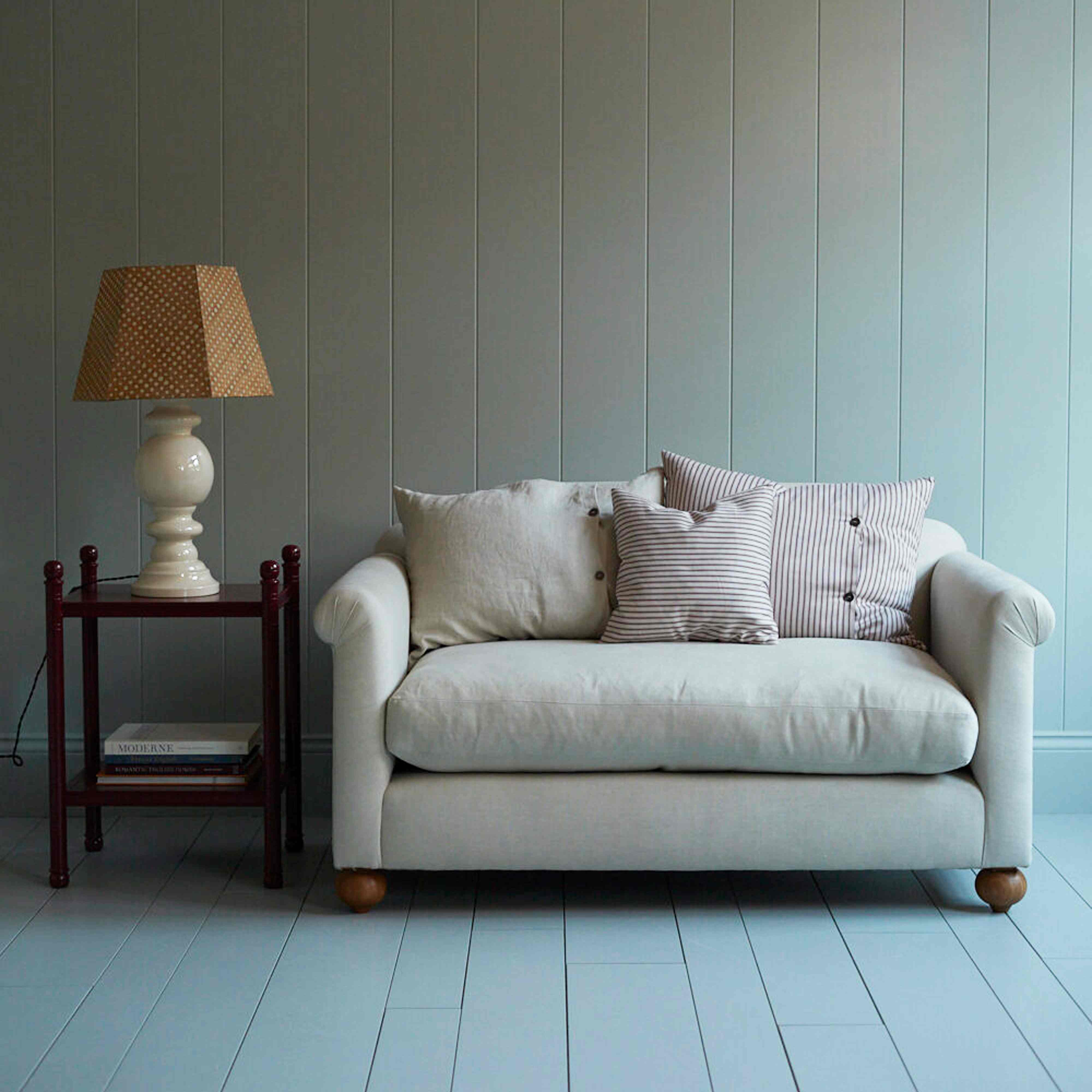  Dolittle 2-Seater Sofa, With Three NiX Cushions, A Red Sidetable with a Tablelamp with Dotted Lamp Shade - Nicola Harding 