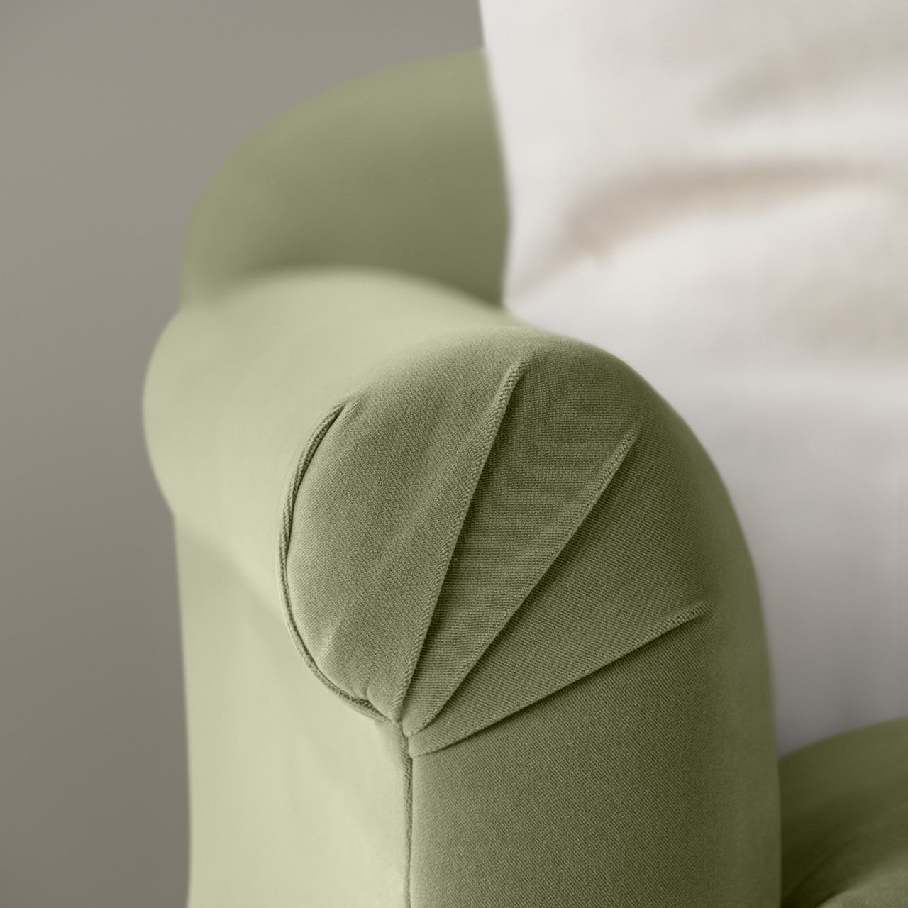  Dolittle 2-Seater Sofa in Intelligent Velvet Green Tea, Arm Design Closeup - Nicola Harding 