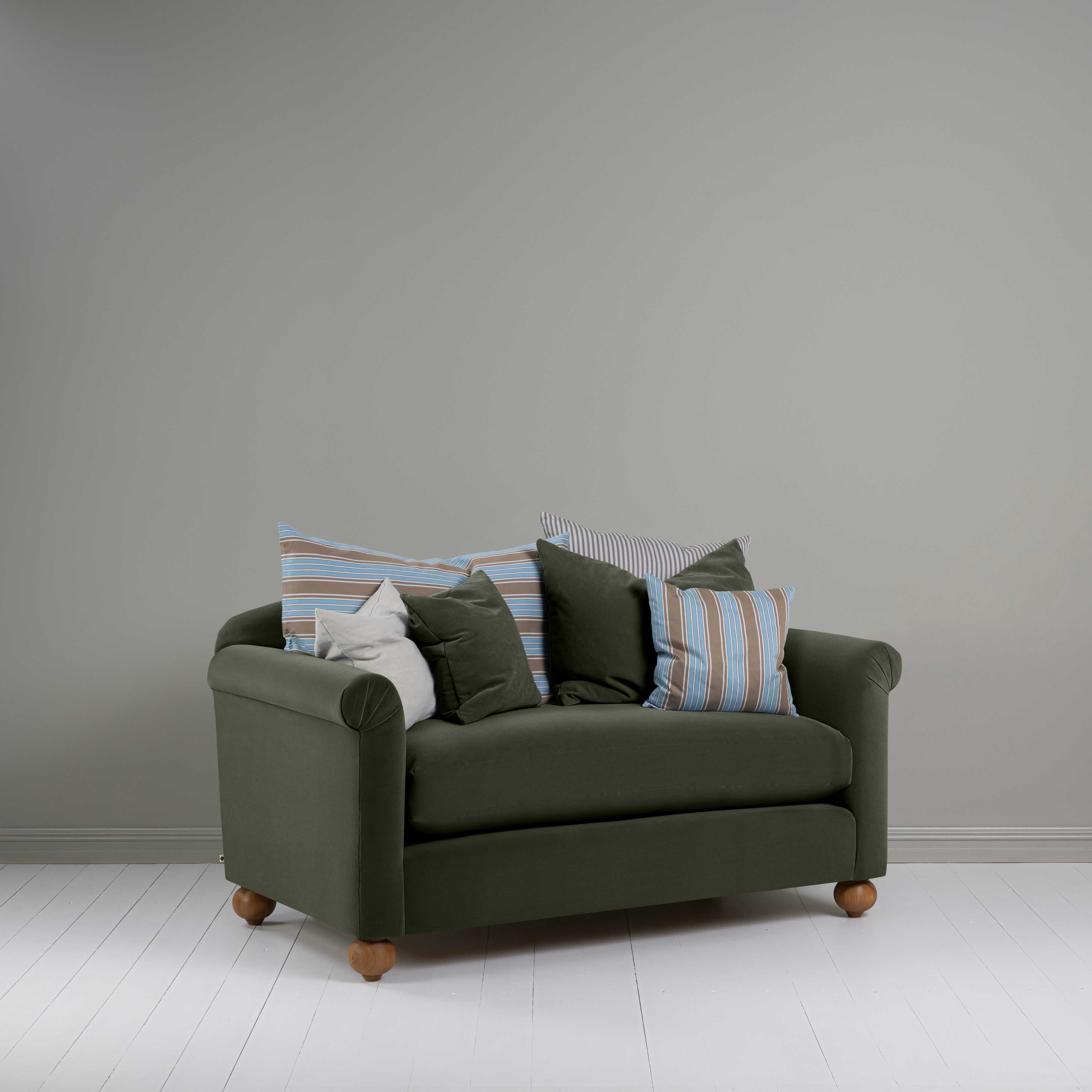  Dolittle 2 Seater Sofa in Intelligent Velvet Seaweed Side View With Cushions - Nicola Harding 