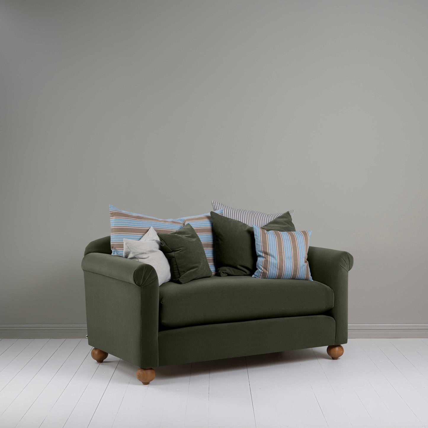 Dolittle 2 Seater Sofa in Intelligent Velvet Seaweed Side View With Cushions - Nicola Harding