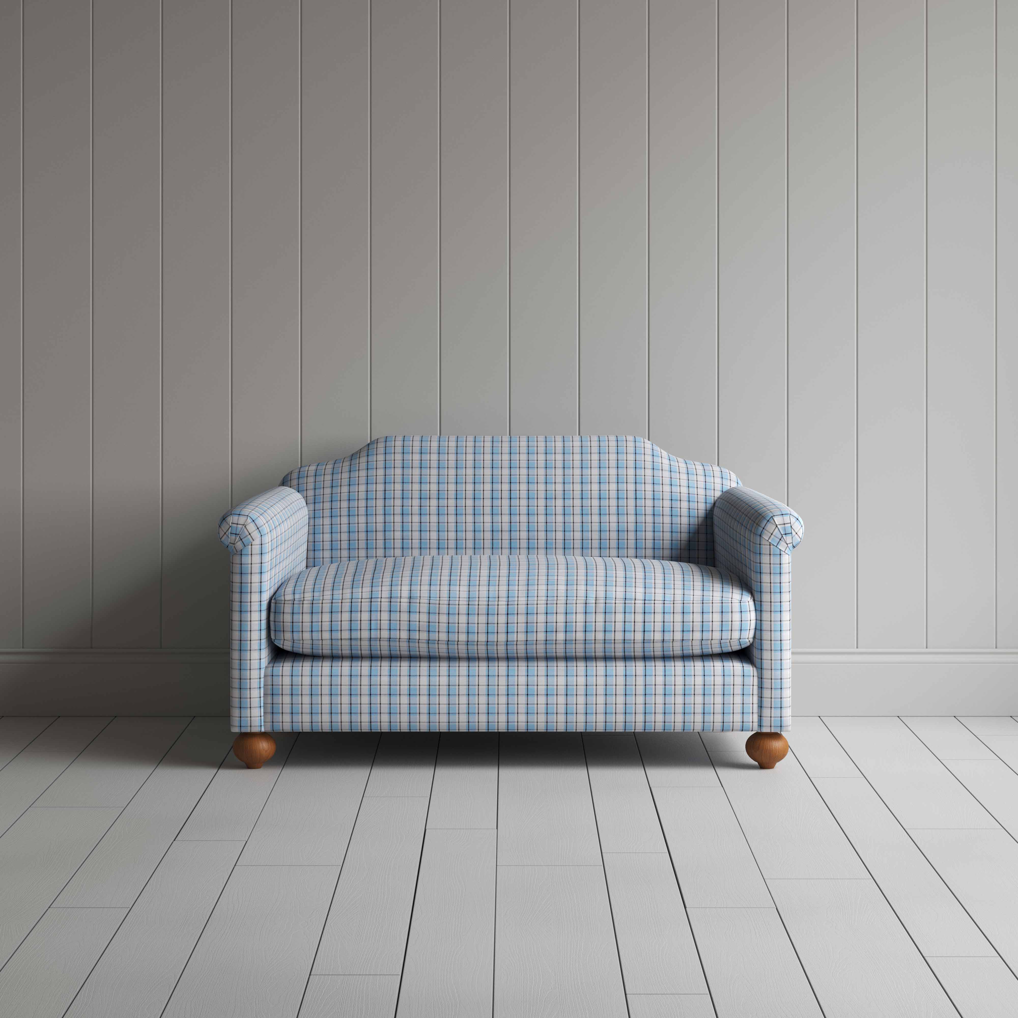 Dolittle 2 Seater Sofa in Square Deal Cotton, Blue Brown, Front View - Nicola Harding 