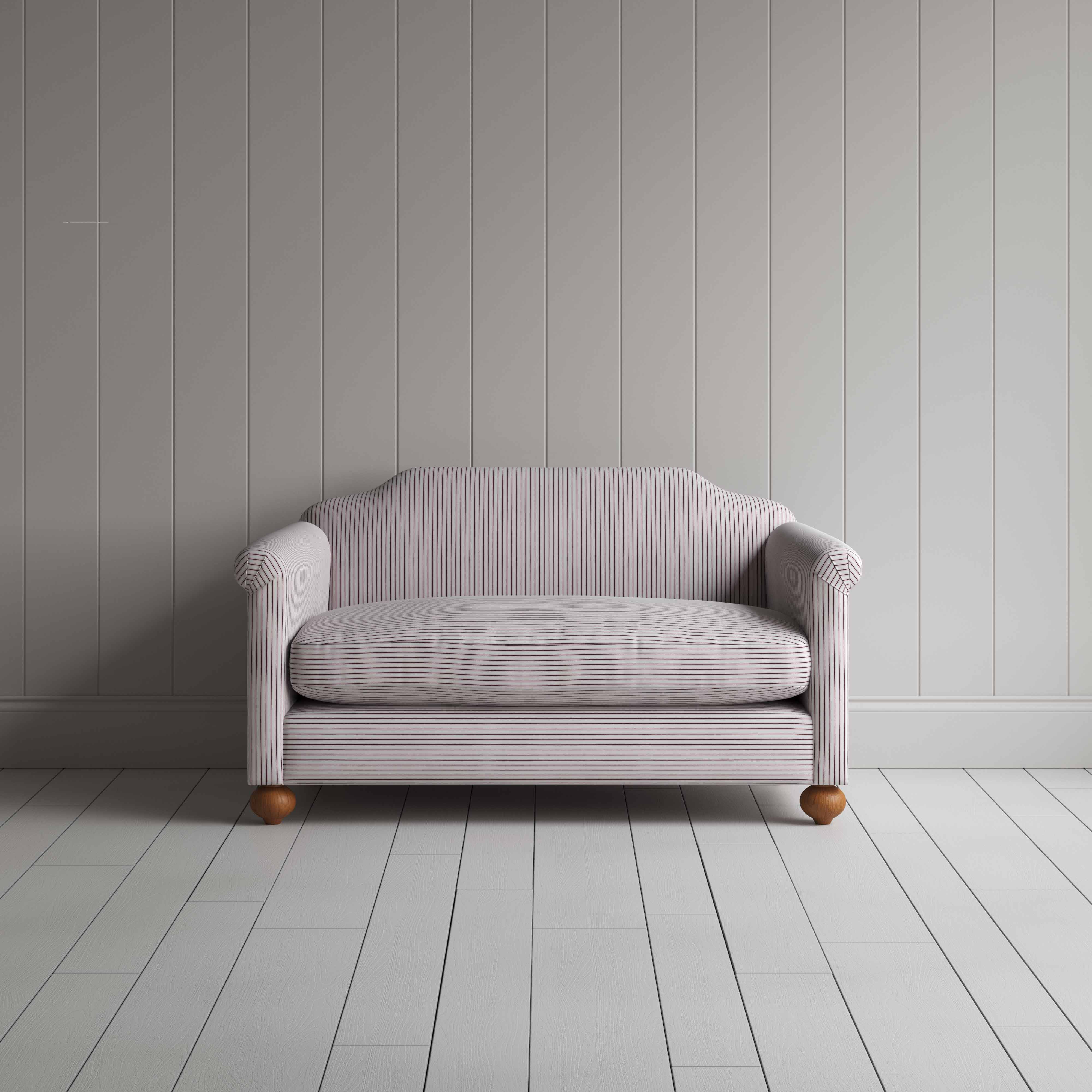  Dolittle 2 Seater Sofa in Ticking Cotton, Berry, Front View - Nicola Harding 