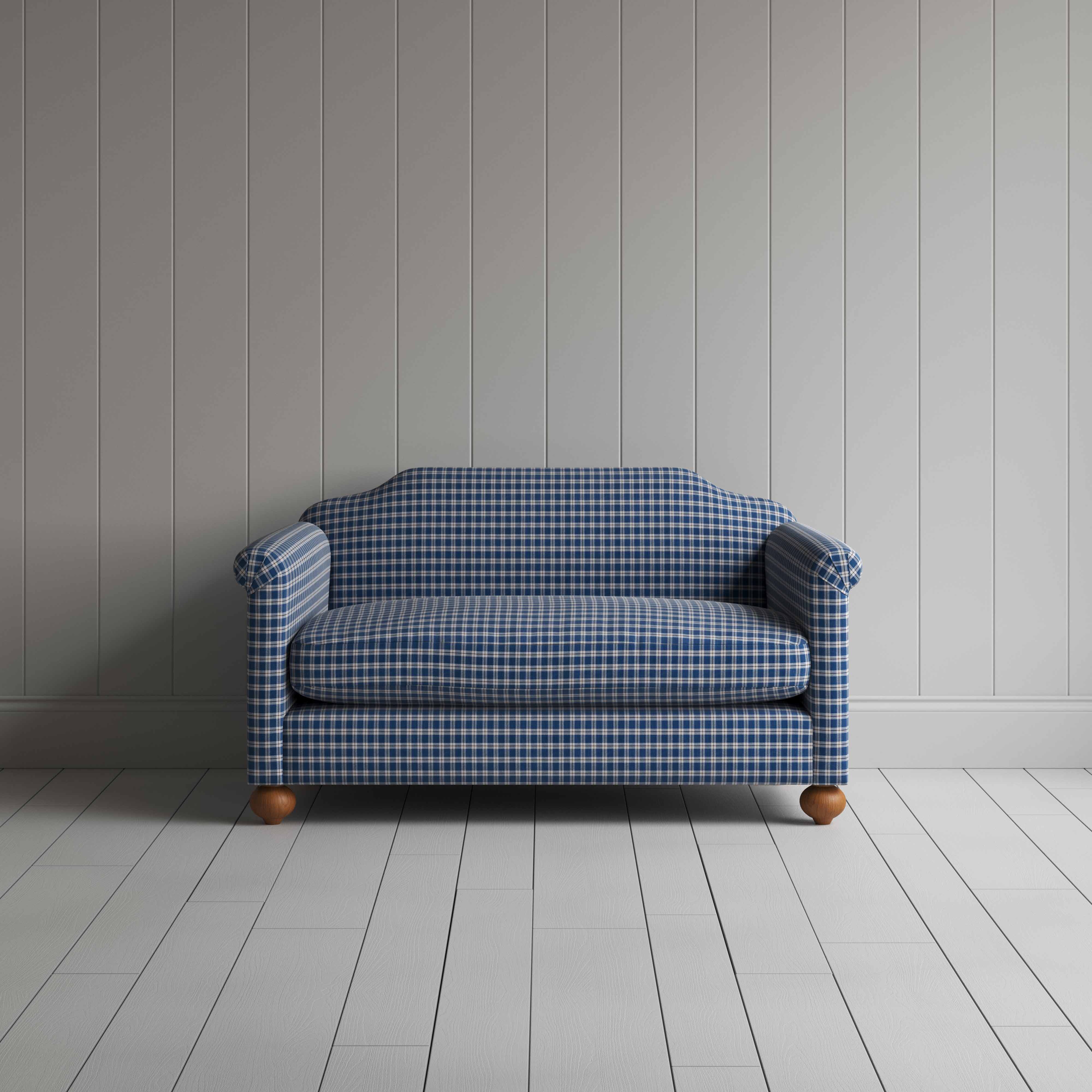  Dolittle 2 Seater Sofa in Well Plaid Cotton, Blue Brown, Front View - Nicola Harding 
