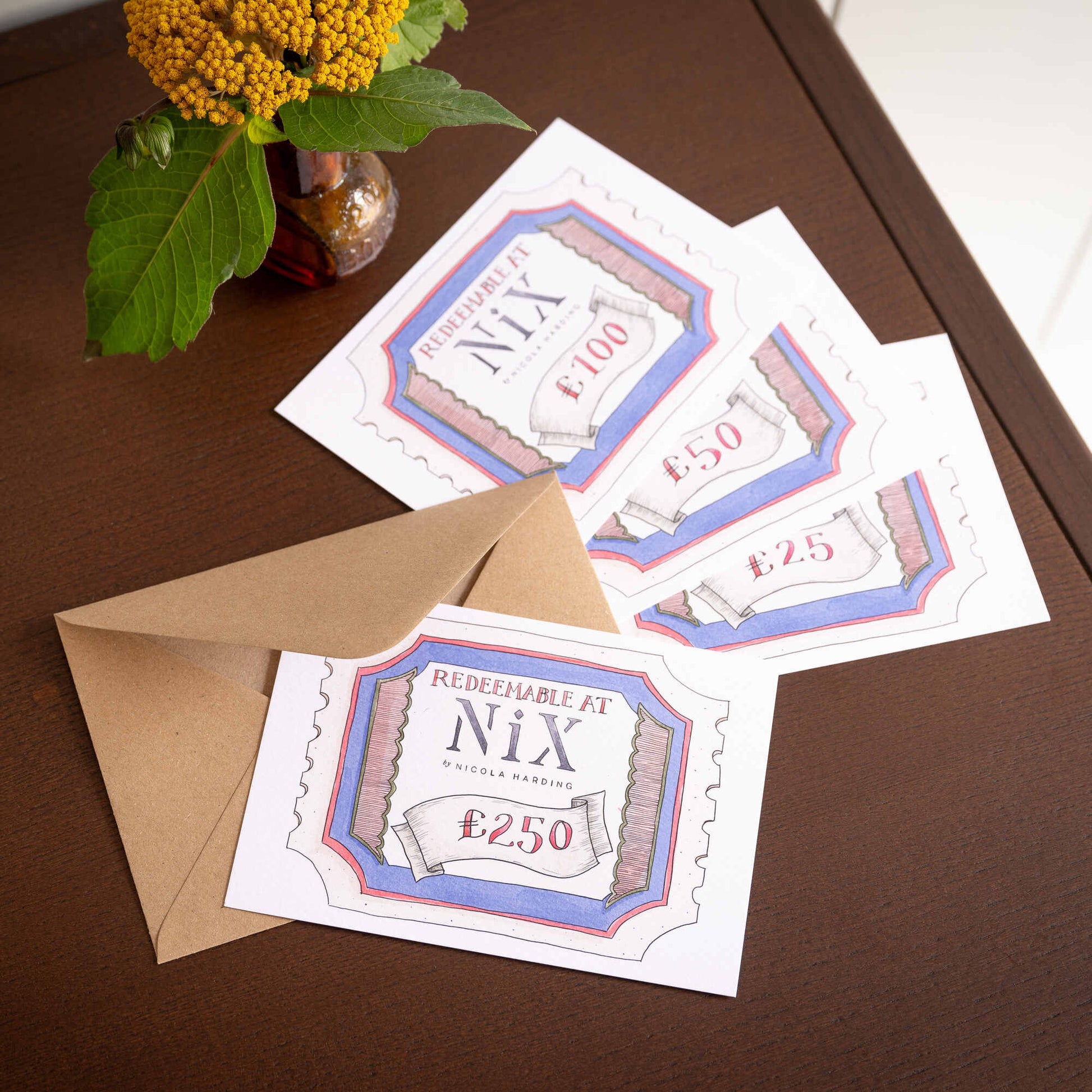 NiX Physical Gift Voucher of £25, £50, £100, £250 in single picture.