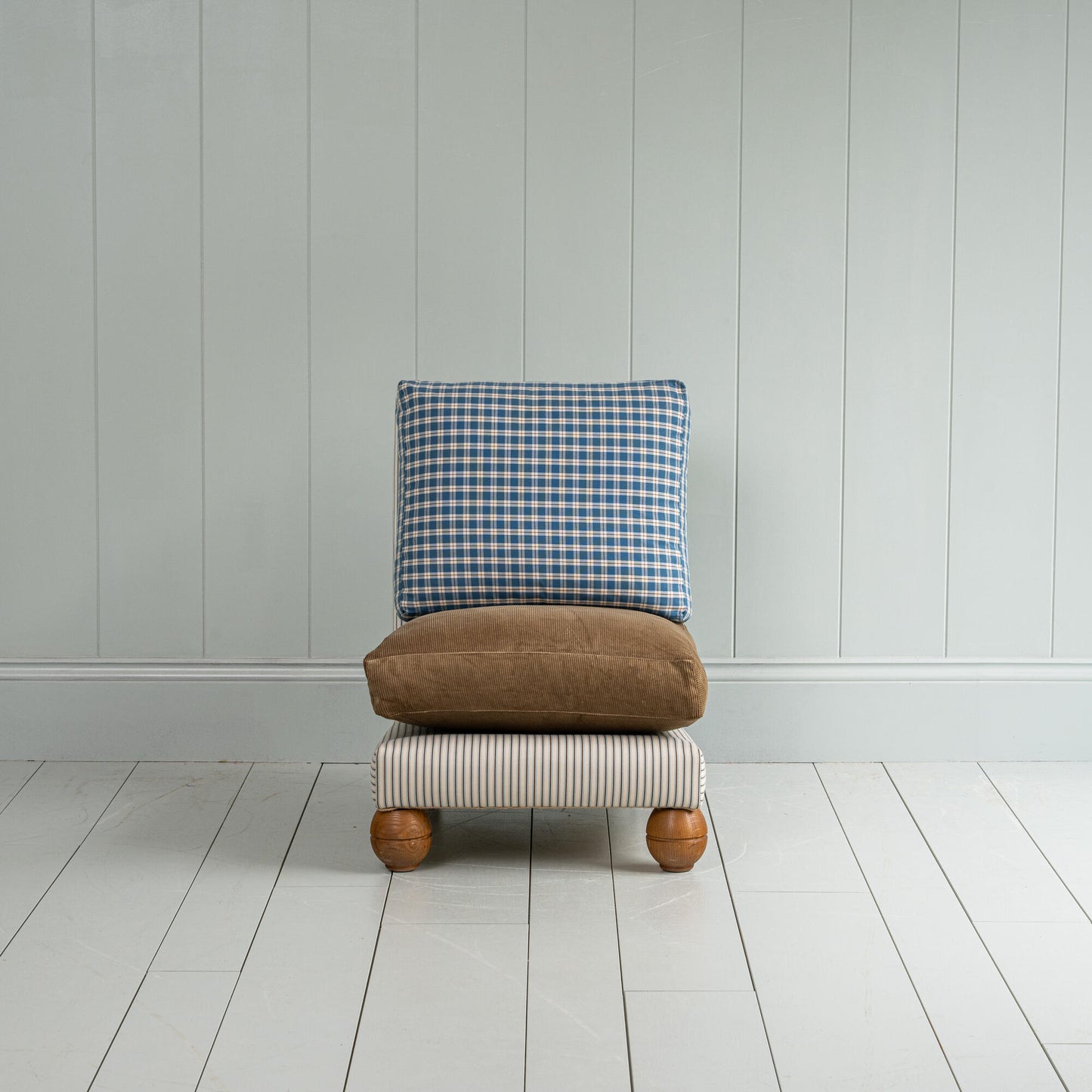 Perch Slipper Armchair in Ticking Aqua Brown Frame with Classic Corduroy Stone Beige Seat and Well Plaid Cotton Back