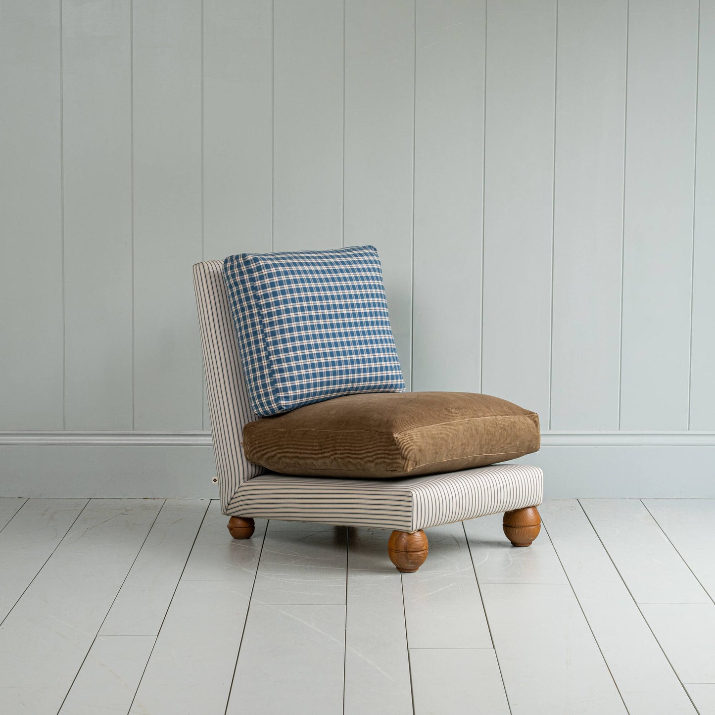 Perch Slipper Armchair in Ticking Aqua Brown Frame with Classic Corduroy Stone Beige Seat and Well Plaid Cotton Back