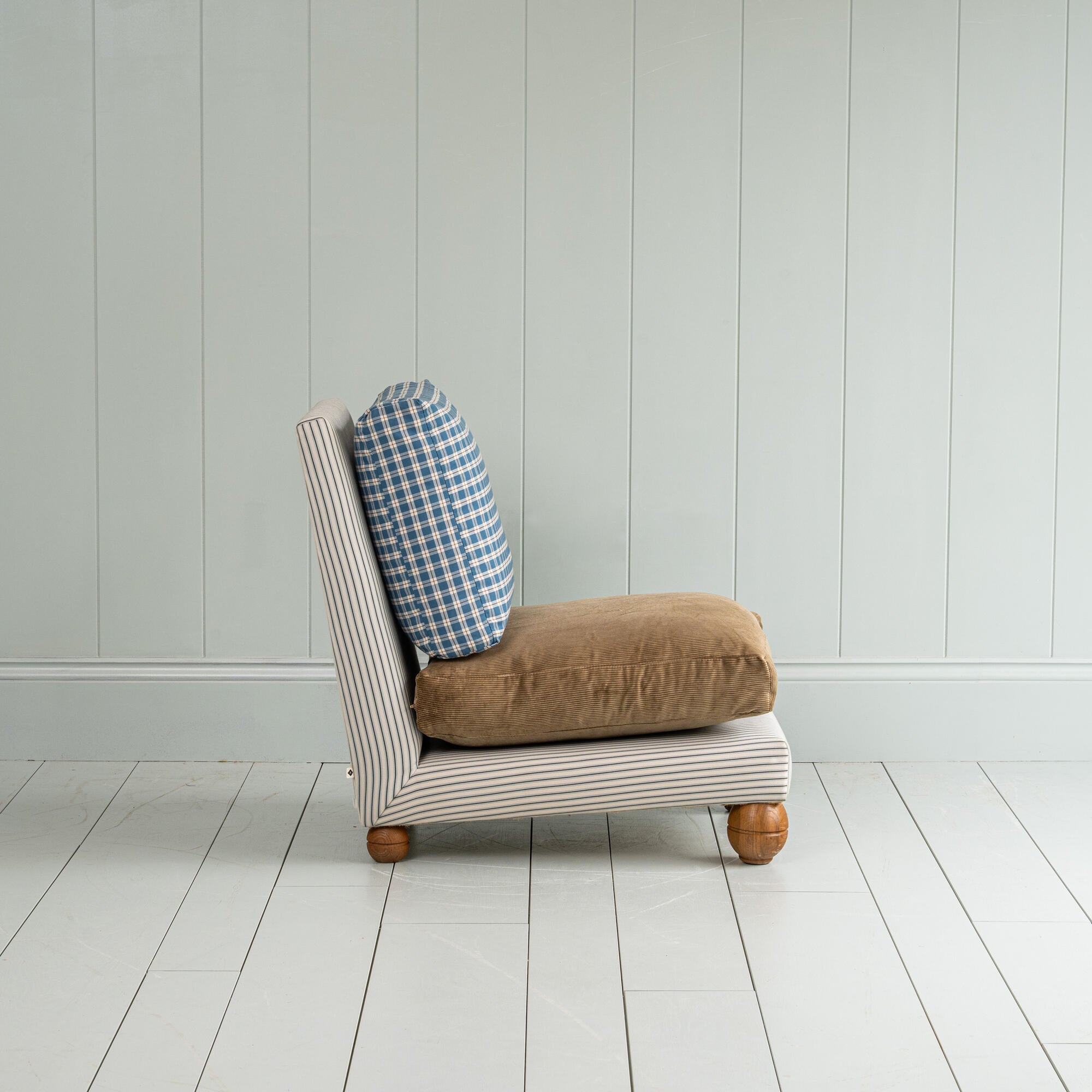 Perch Slipper Armchair in Ticking Aqua Brown Frame with Classic Corduroy Stone Beige Seat and Well Plaid Cotton Back 
