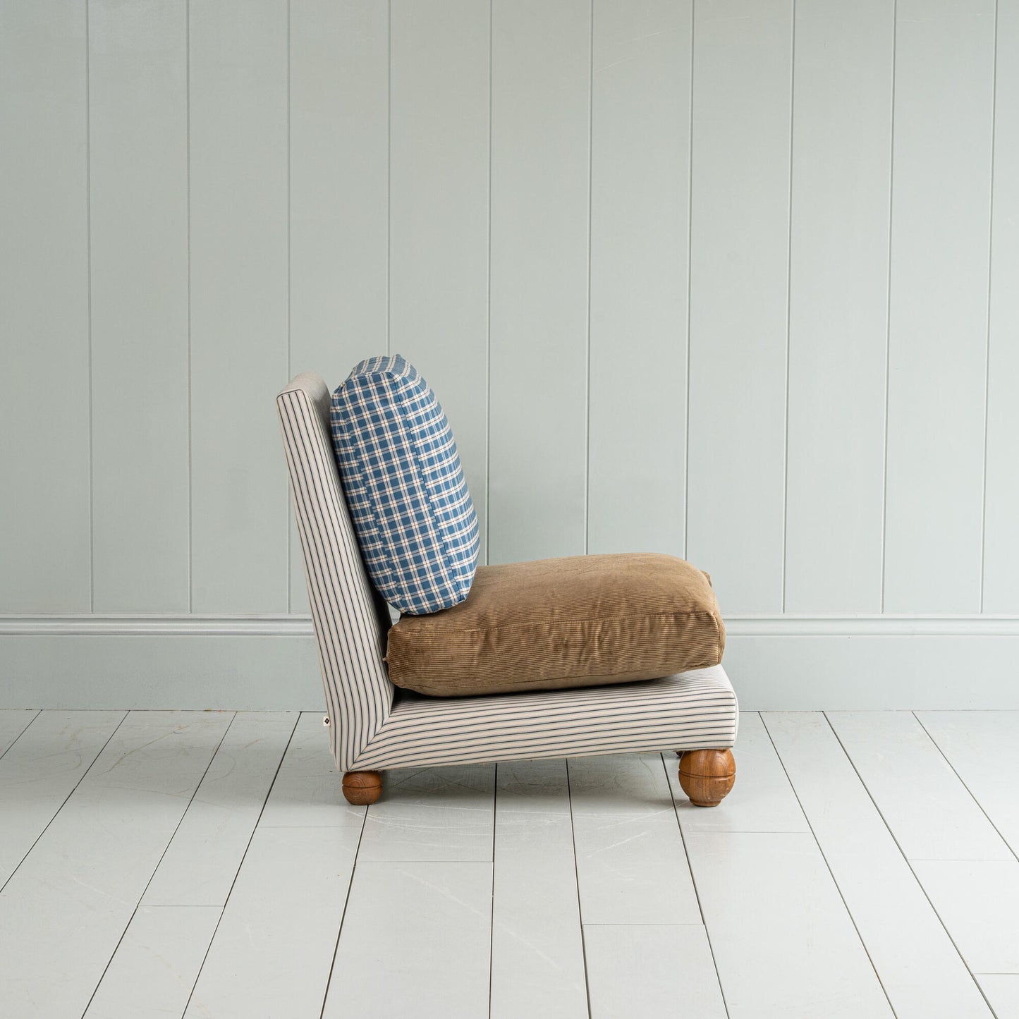 Perch Slipper Armchair in Ticking Aqua Brown Frame with Classic Corduroy Stone Beige Seat and Well Plaid Cotton Back