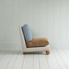  Perch Slipper Armchair in Ticking Aqua Brown Frame with Classic Corduroy Stone Beige Seat and Well Plaid Cotton Back 