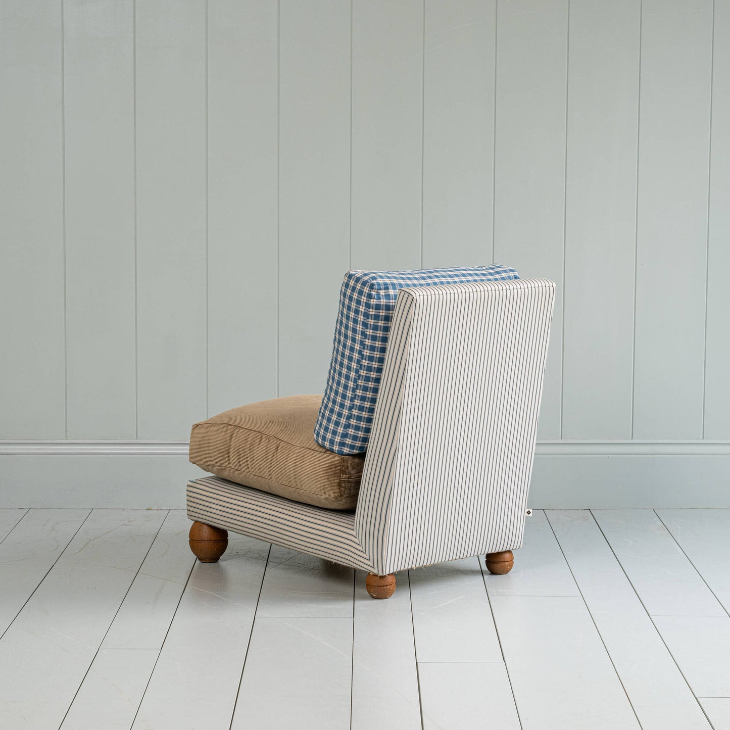 Perch Slipper Armchair in Ticking Aqua Brown Frame with Classic Corduroy Stone Beige Seat and Well Plaid Cotton Back