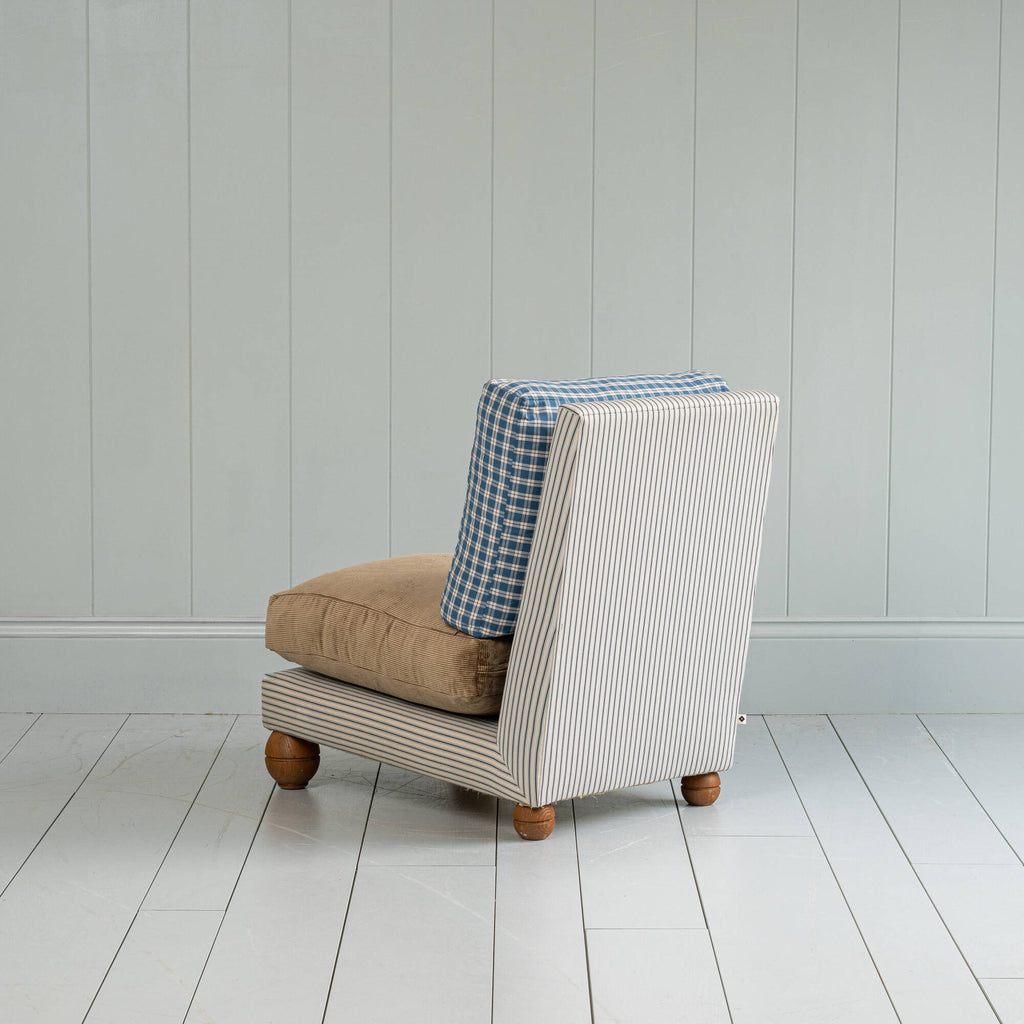  Perch Slipper Armchair in Ticking Aqua Brown Frame with Classic Corduroy Stone Beige Seat and Well Plaid Cotton Back 