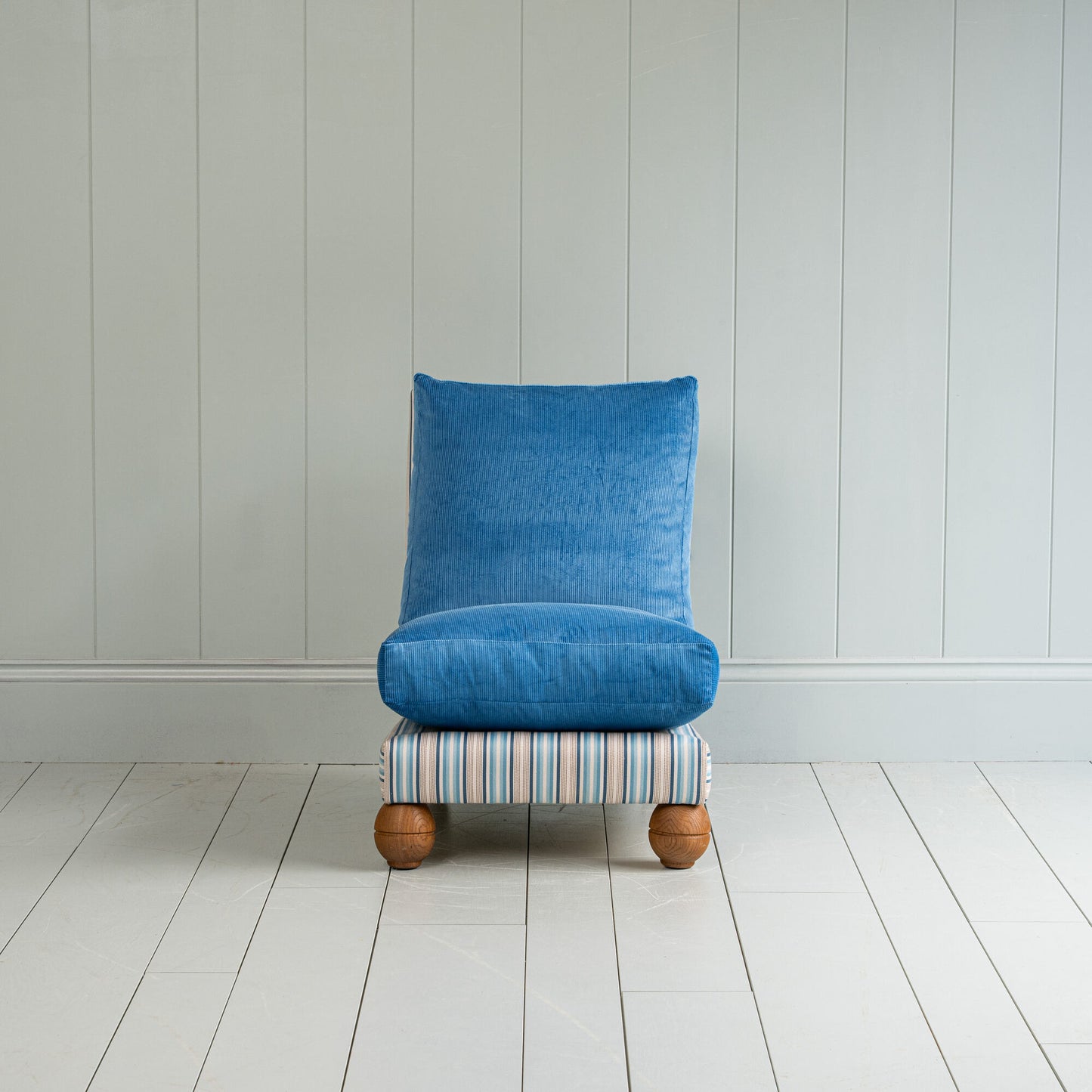 Perch Slipper Armchair in Slow Lane Blue Frame and Classic Corduroy Harbour Blue Seat