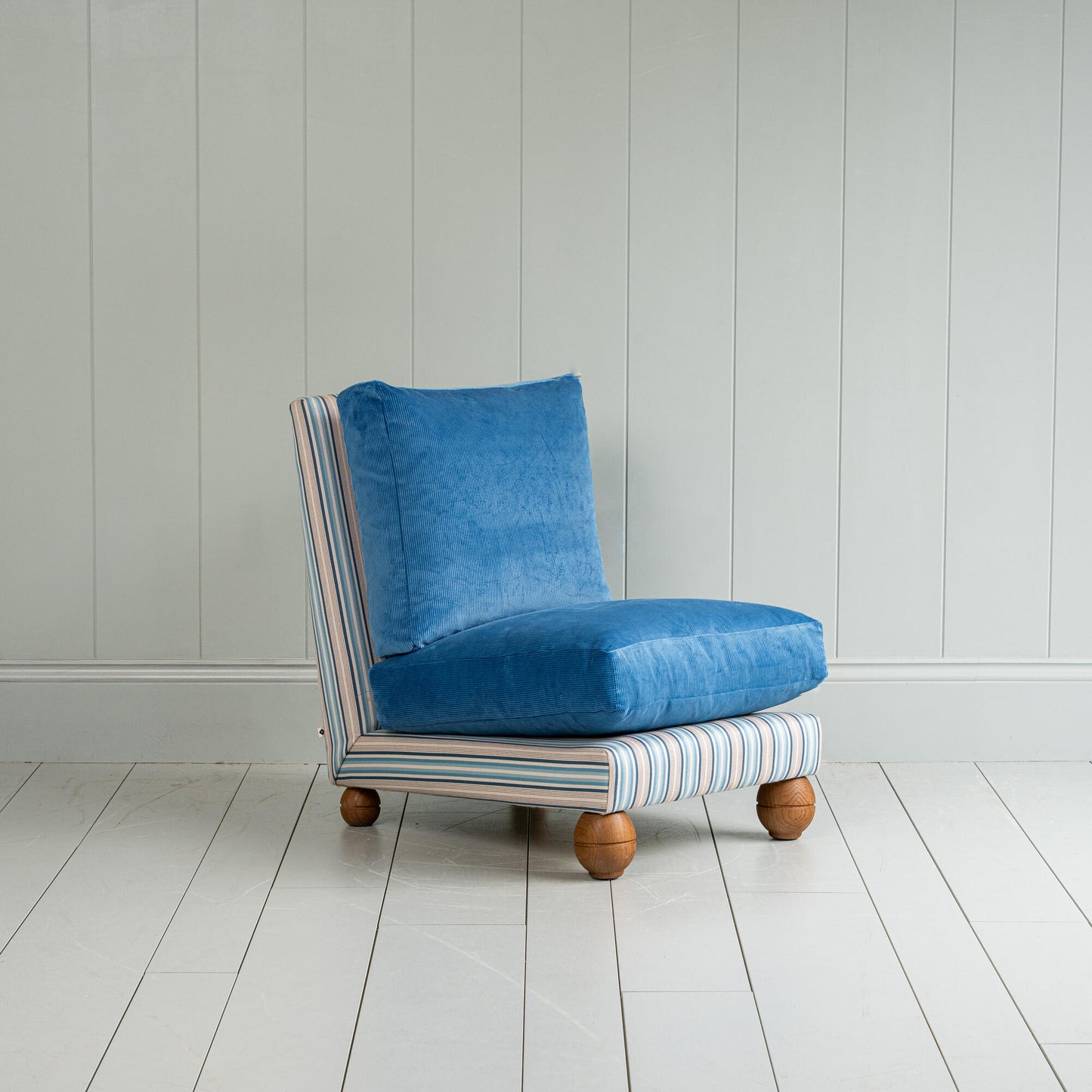 Perch Slipper Armchair in Slow Lane Blue Frame and Classic Corduroy Harbour Blue Seat