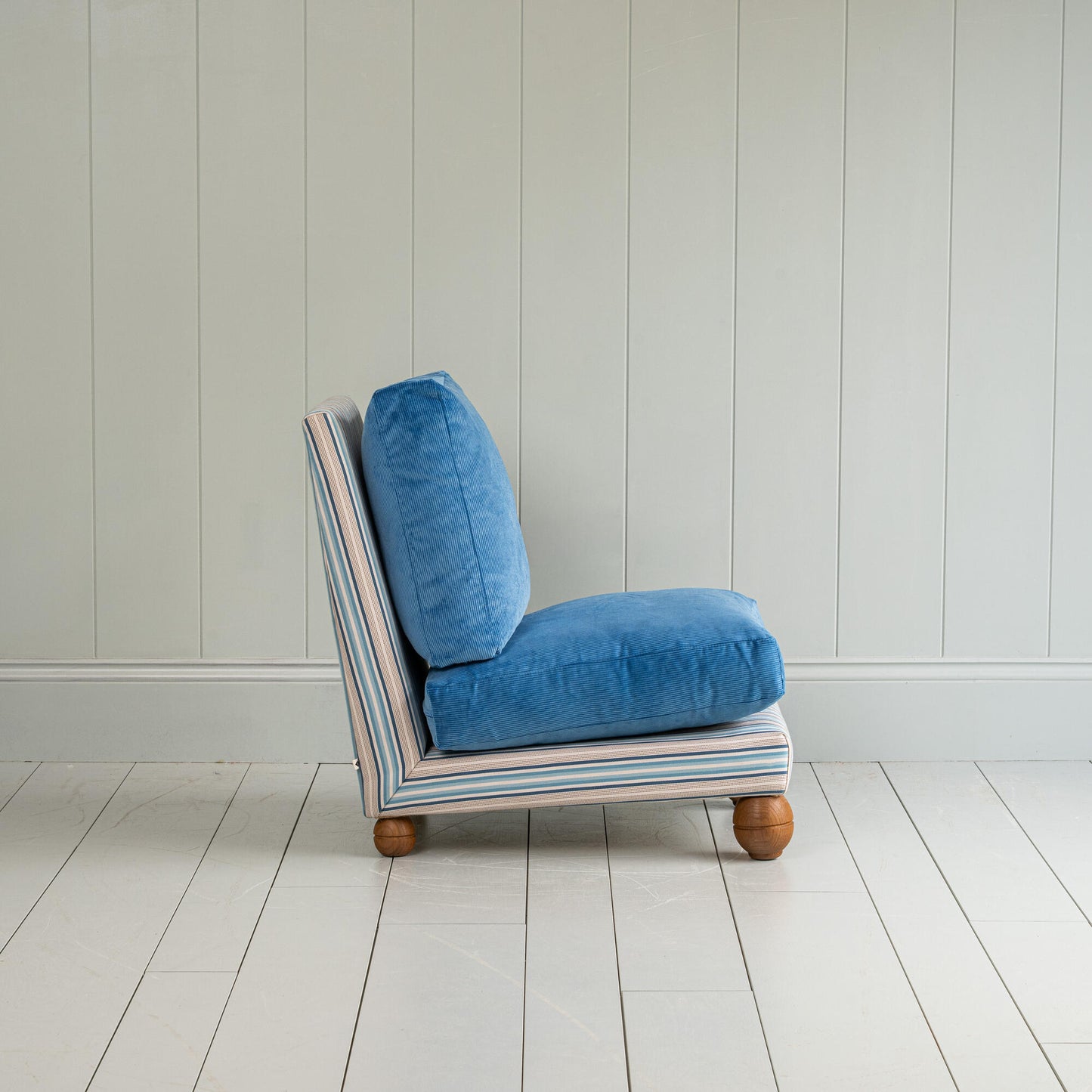 Perch Slipper Armchair in Slow Lane Blue Frame and Classic Corduroy Harbour Blue Seat