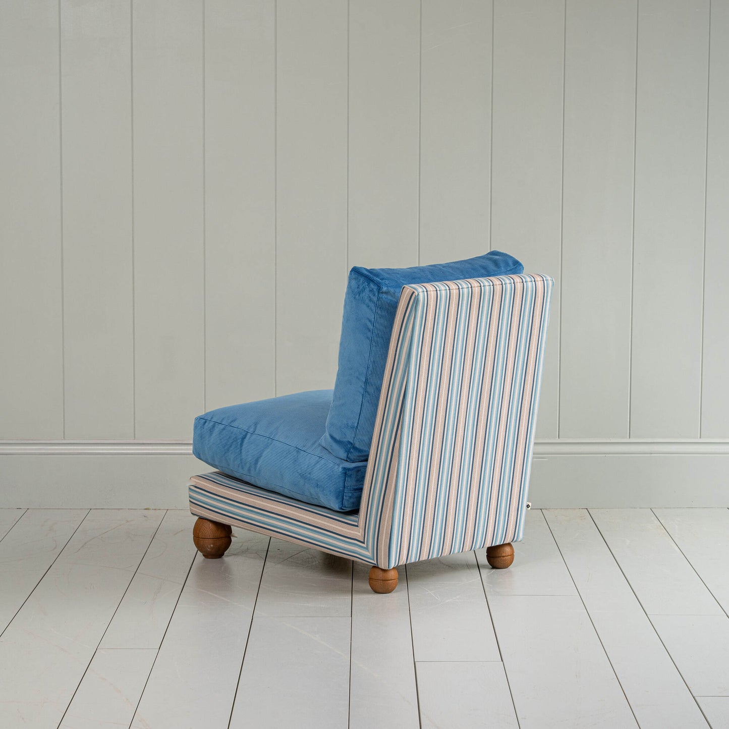 Perch Slipper Armchair in Slow Lane Blue Frame and Classic Corduroy Harbour Blue Seat