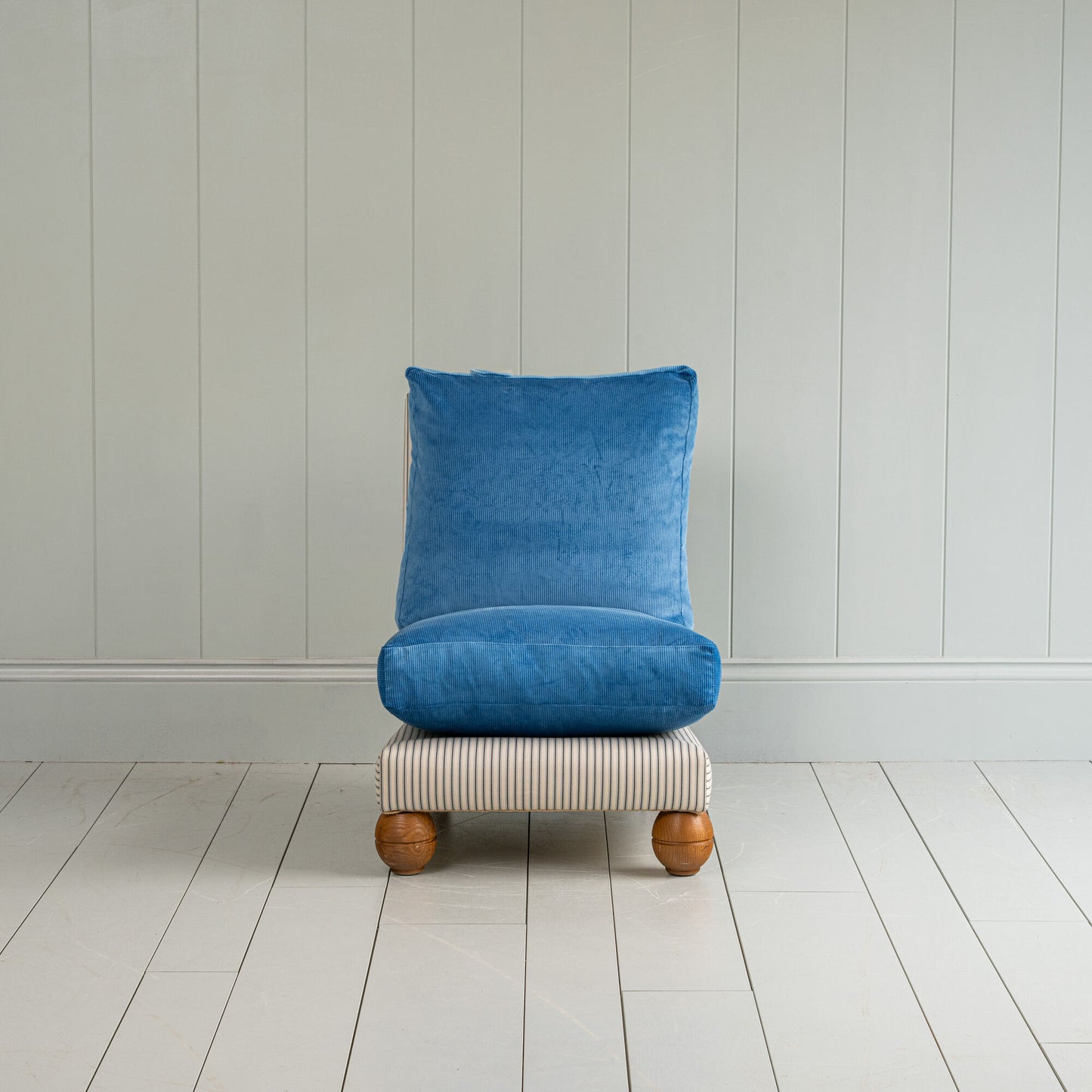 Perch Slipper Armchair in Ticking Aqua Brown Frame and Classic Corduroy Harbour Blue Seat