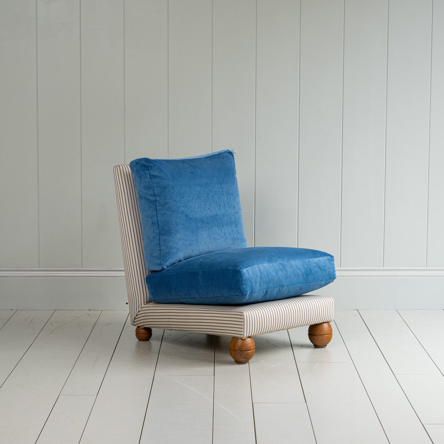 Perch Slipper Armchair in Ticking Aqua Brown Frame and Classic Corduroy Harbour Blue Seat
