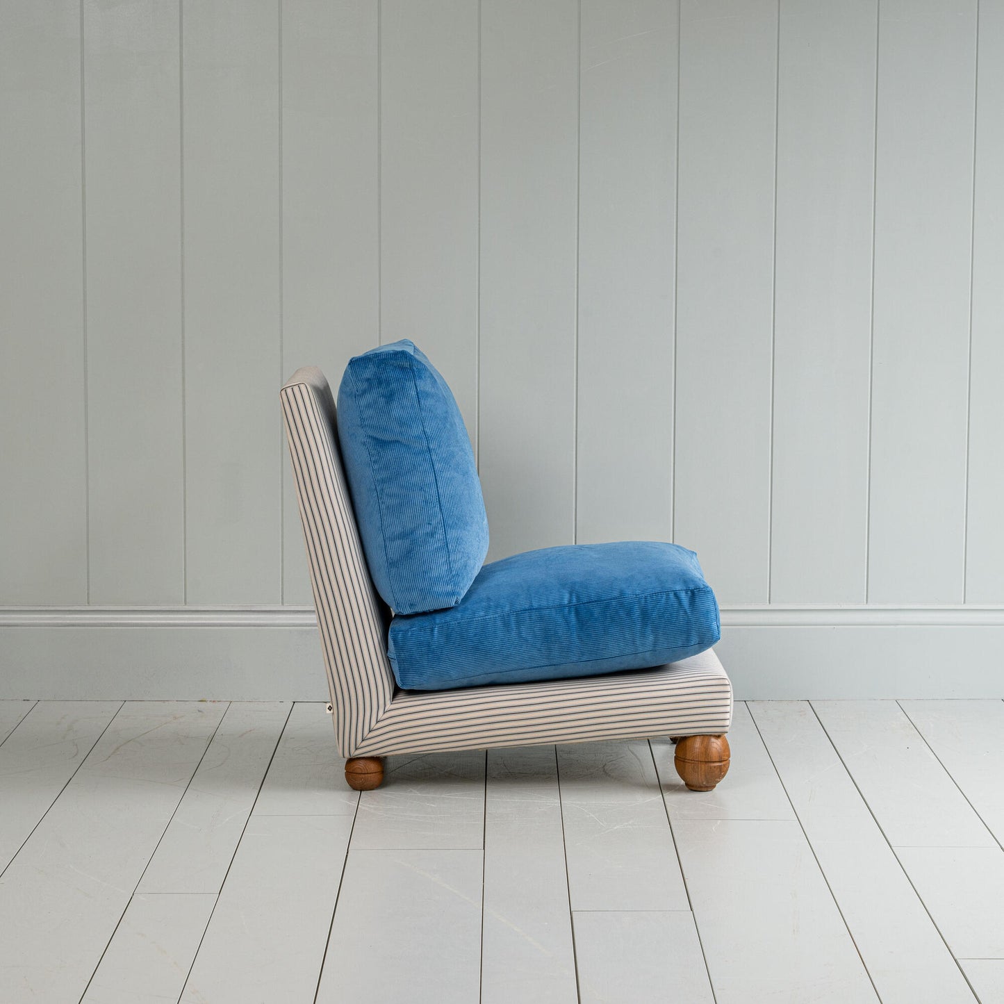 Perch Slipper Armchair in Ticking Aqua Brown Frame and Classic Corduroy Harbour Blue Seat