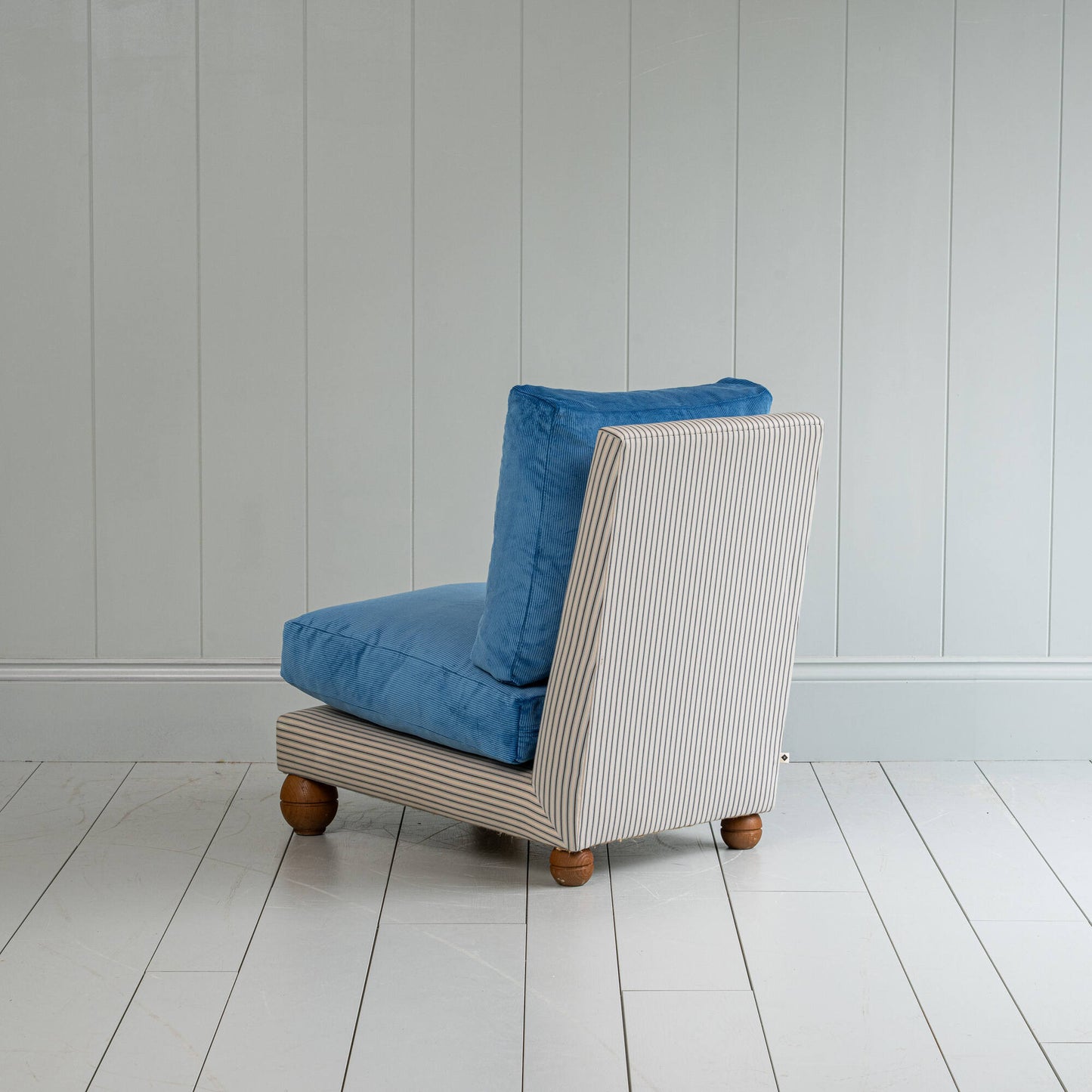 Perch Slipper Armchair in Ticking Aqua Brown Frame and Classic Corduroy Harbour Blue Seat