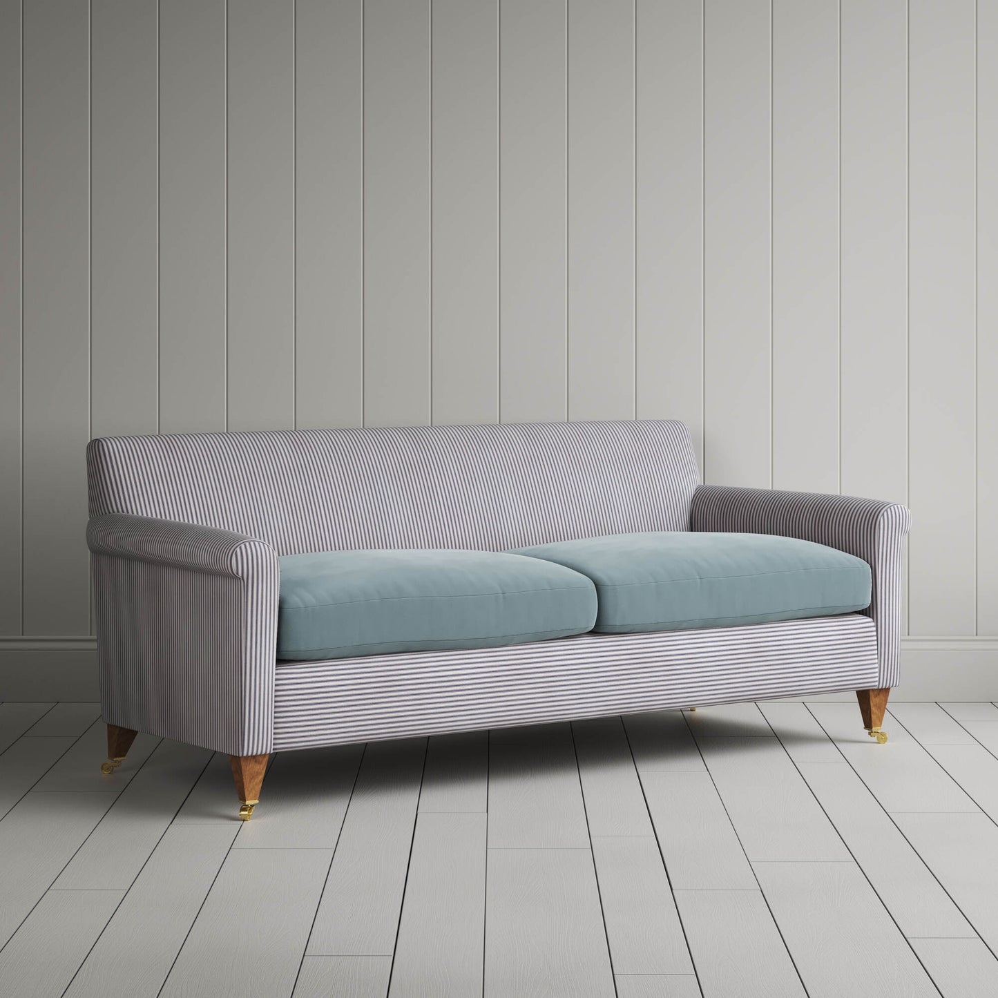 Idler 3 seater sofa in Ticking Blue Brown and Velvet Mineral angled front view