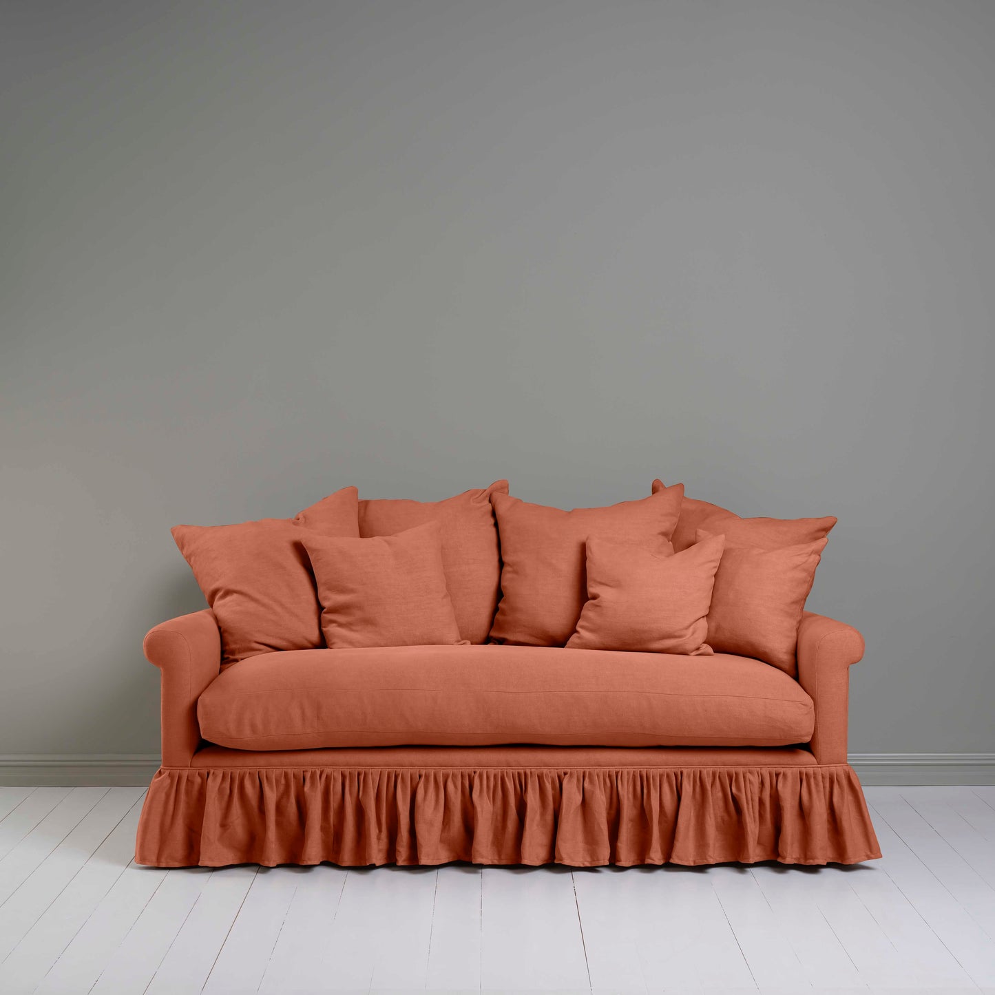 Curtain Call 3 Seater Sofa in Laidback Linen Cayenne, With Six Matching Square Cushions - Nicola Harding