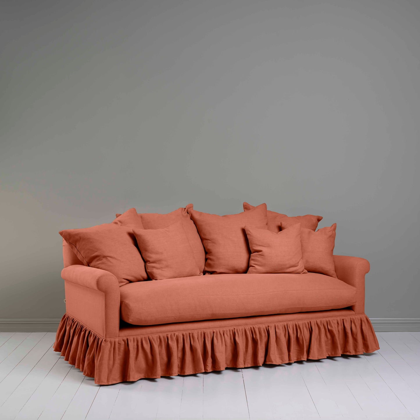 Curtain Call 3 Seater Sofa in Laidback Linen Cayenne, With Six Cushion - Nicola Harding