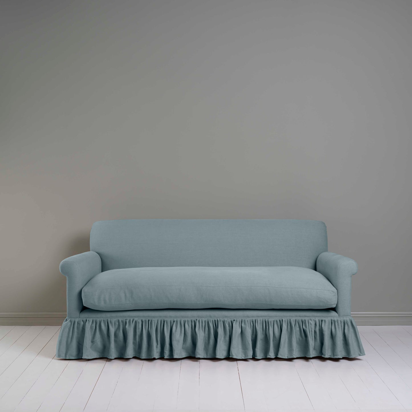 Curtain Call 3 Seater Sofa in Laidback Linen Cerulean, Front View - Nicola Harding