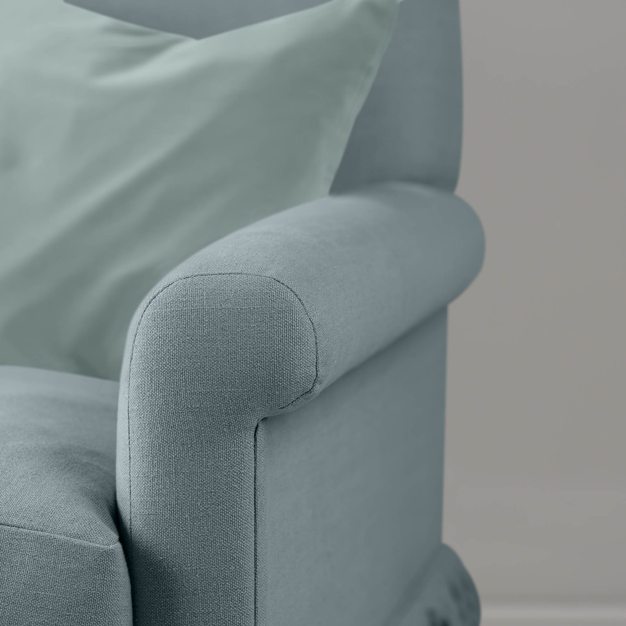  Curtain Call 3 Seater Sofa in Laidback Linen Cerulean, Arm Closeup - Nicola Harding 
