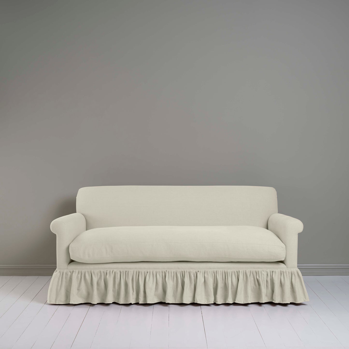 Curtain Call 3 Seater Sofa in Laidback Linen Dove, Front View - Nicola Harding
