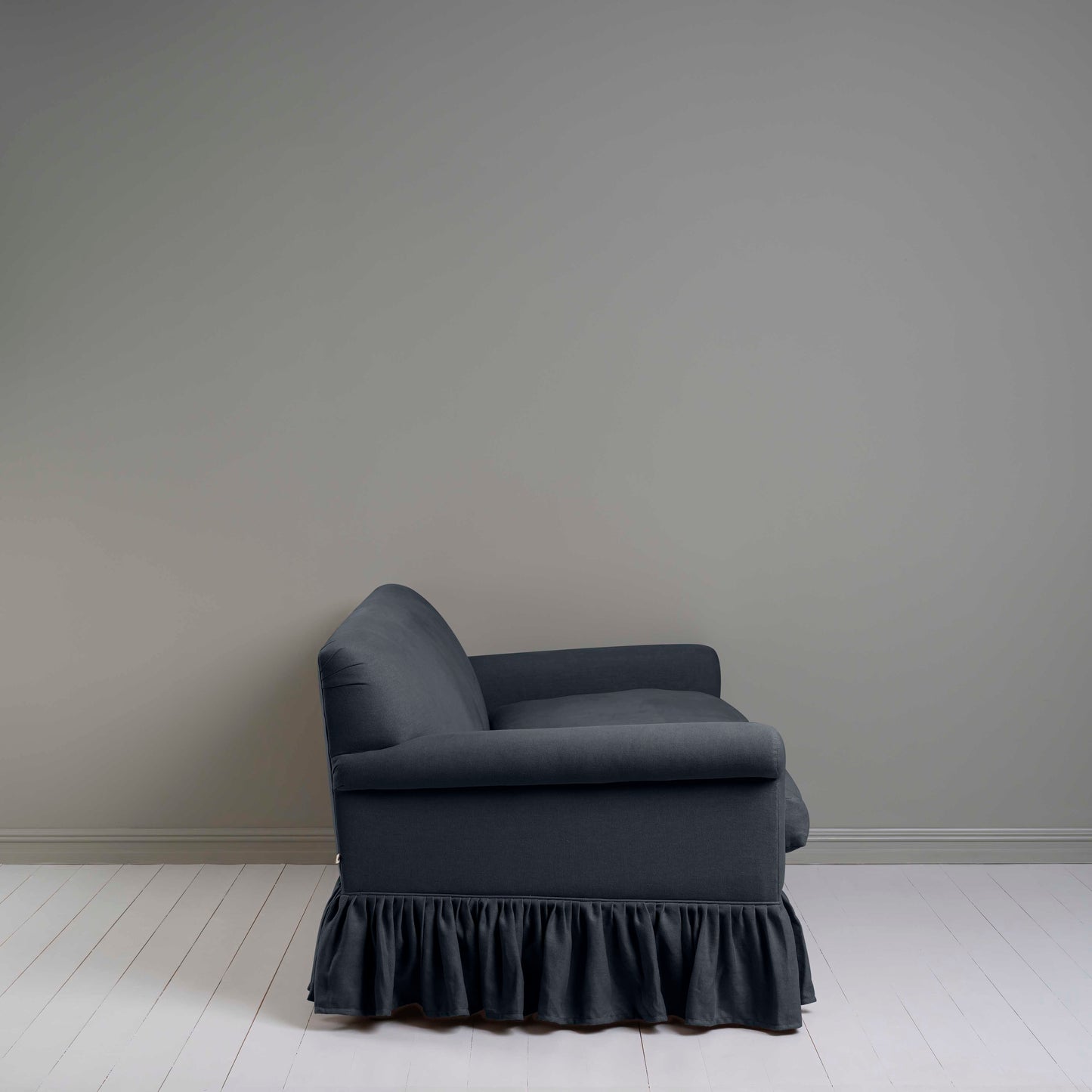 Curtain Call 3 Seater Sofa in Laidback Linen Midnight, Side View - Nicola Harding