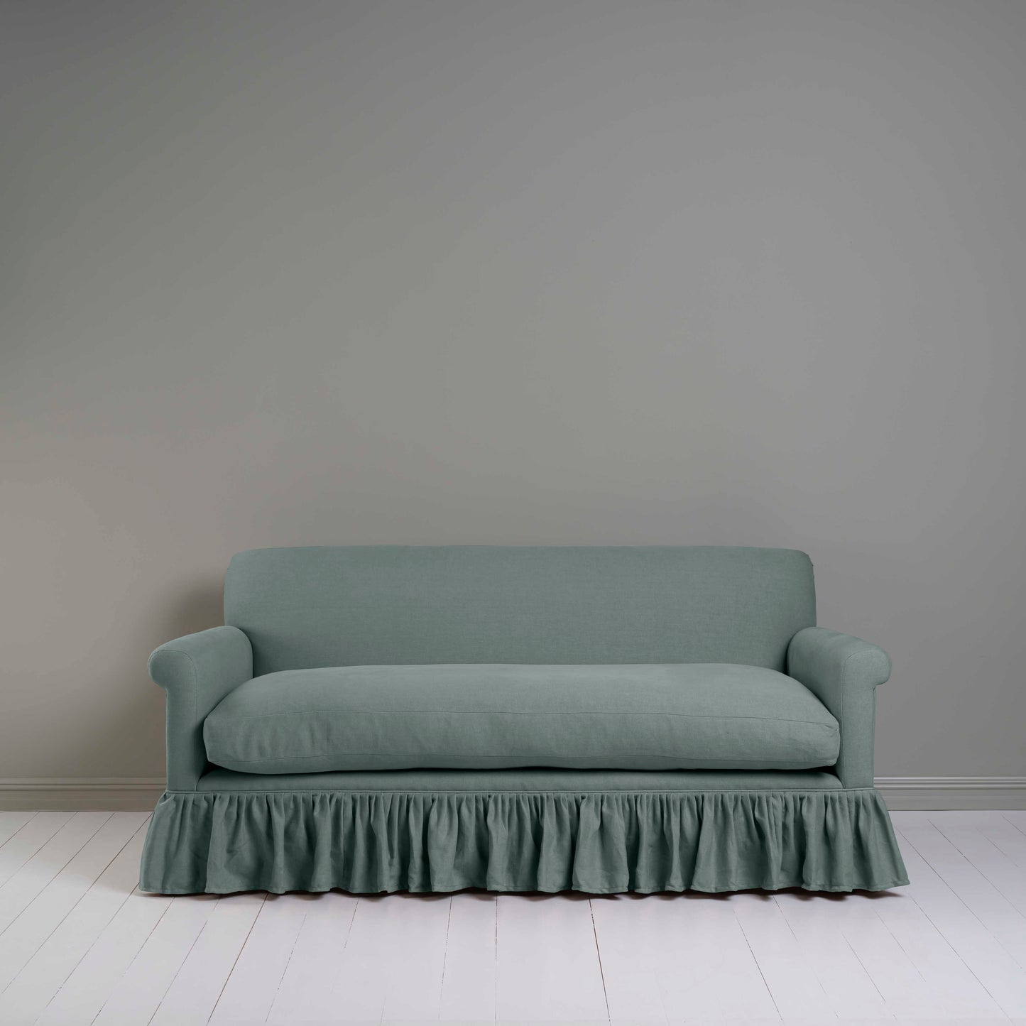 Curtain Call 3 Seater Sofa in Laidback Linen Mineral, Front View - Nicola Harding