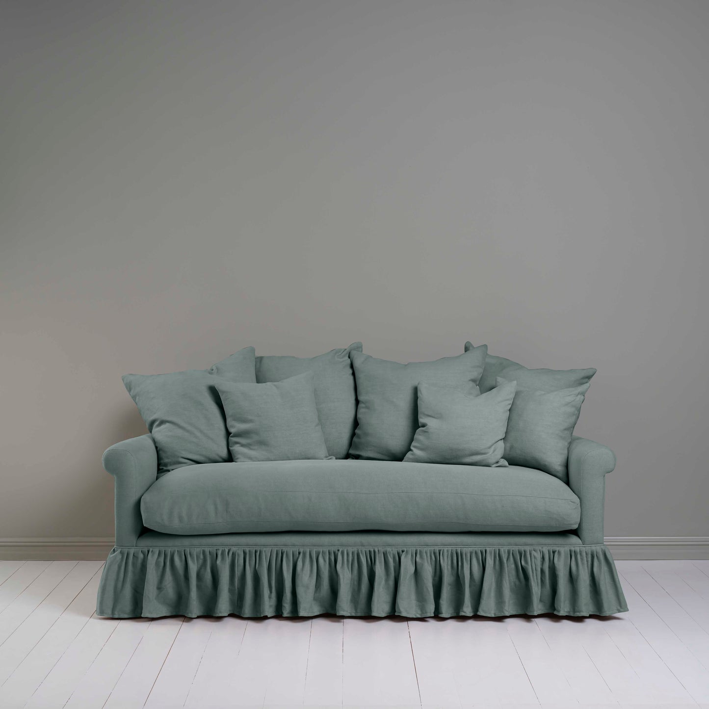 Curtain Call 3 Seater Sofa in Laidback Linen Mineral, With Six Matching Square Cushion - Nicola Harding