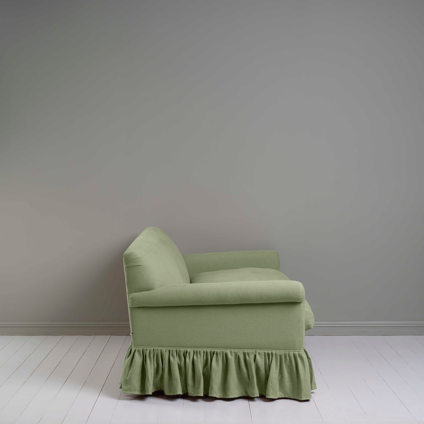 Curtain Call 3 Seater Sofa in Laidback Linen Moss, Side View - Nicola Harding