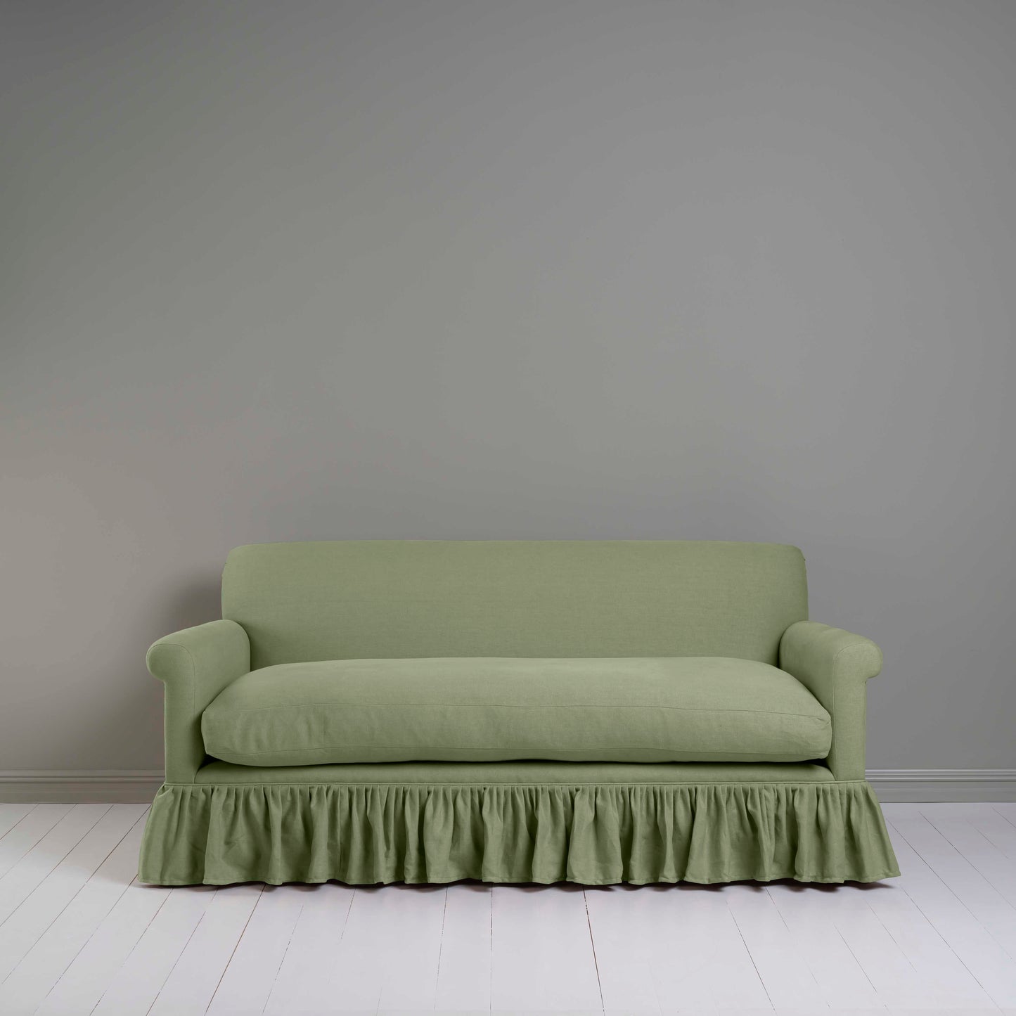 Curtain Call 3 Seater Sofa in Laidback Linen Moss, Front View - Nicola Harding