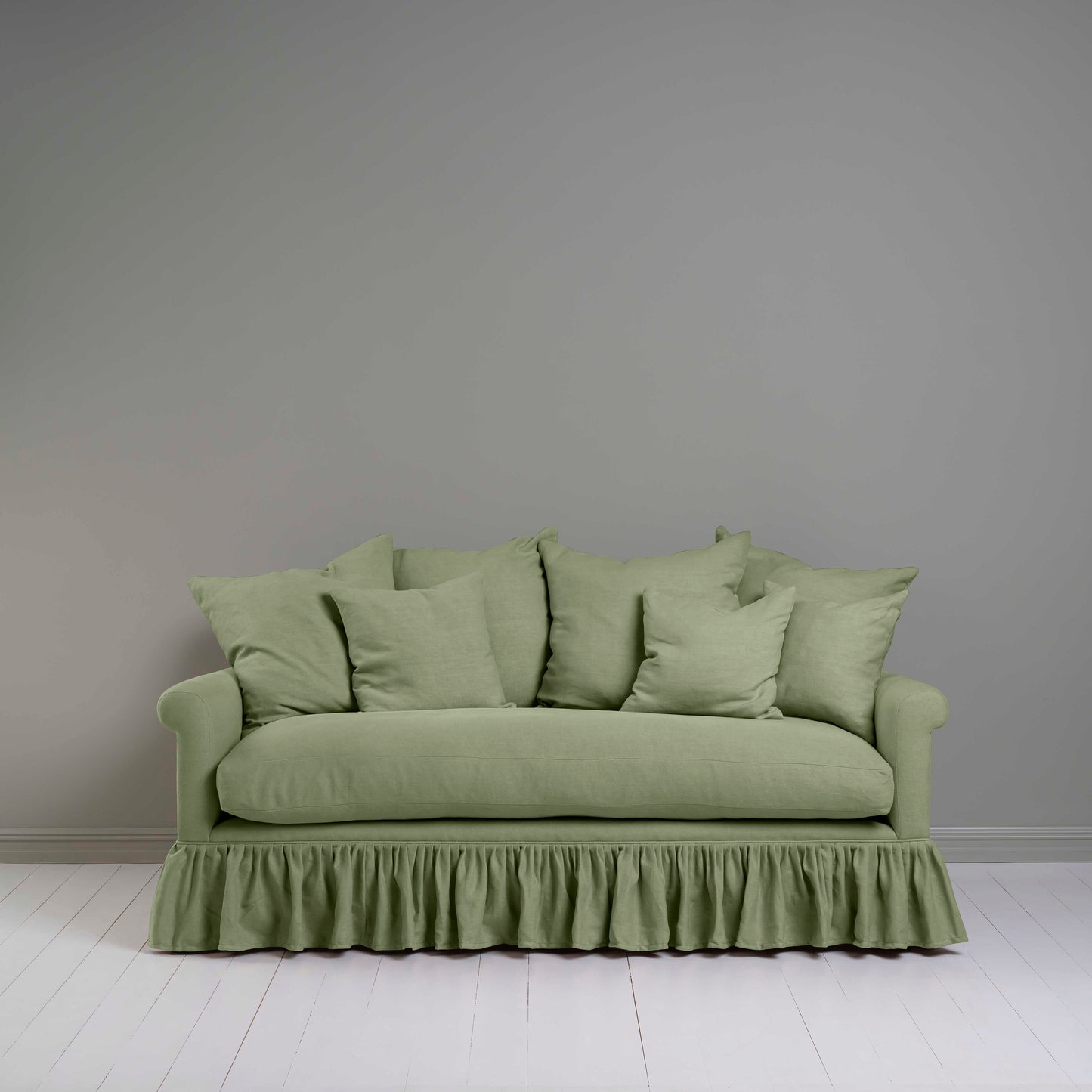 Curtain Call 3 Seater Sofa in Laidback Linen Moss, With 6 Matching Cushions - Nicola Harding