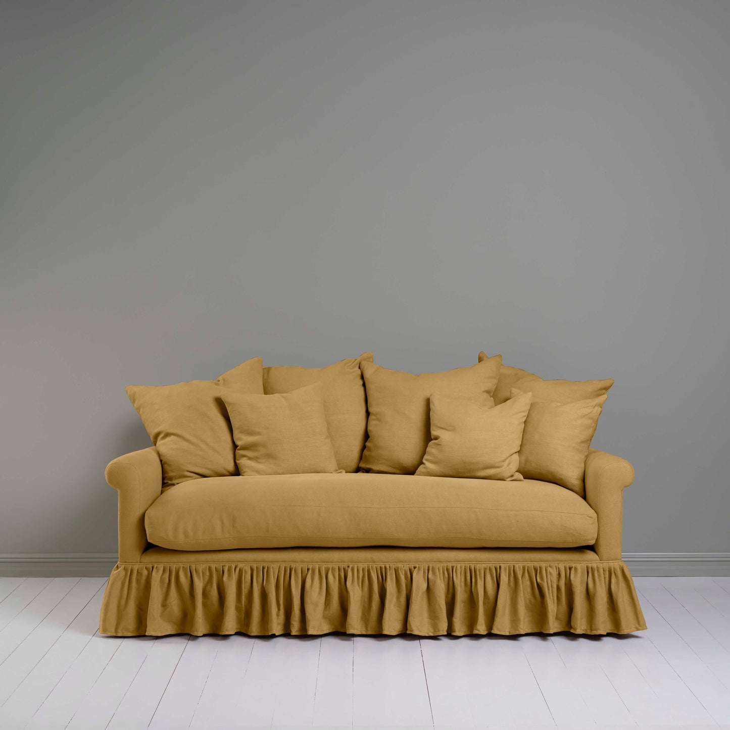 Curtain Call 3 Seater Sofa in Laidback Linen Ochre, With NiX Special Square Matching Cushions - Nicola Harding