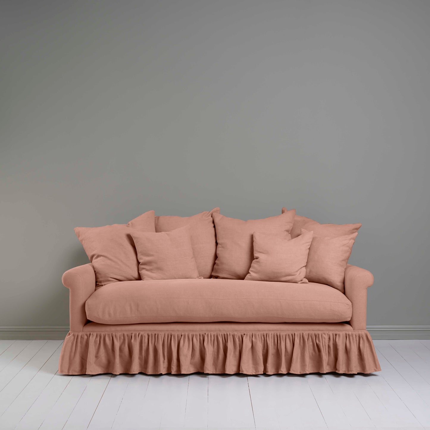 Curtain Call 3 Seater Sofa in Laidback Linen Roseberry, With Six Square Matching Cushions - Nicola Harding