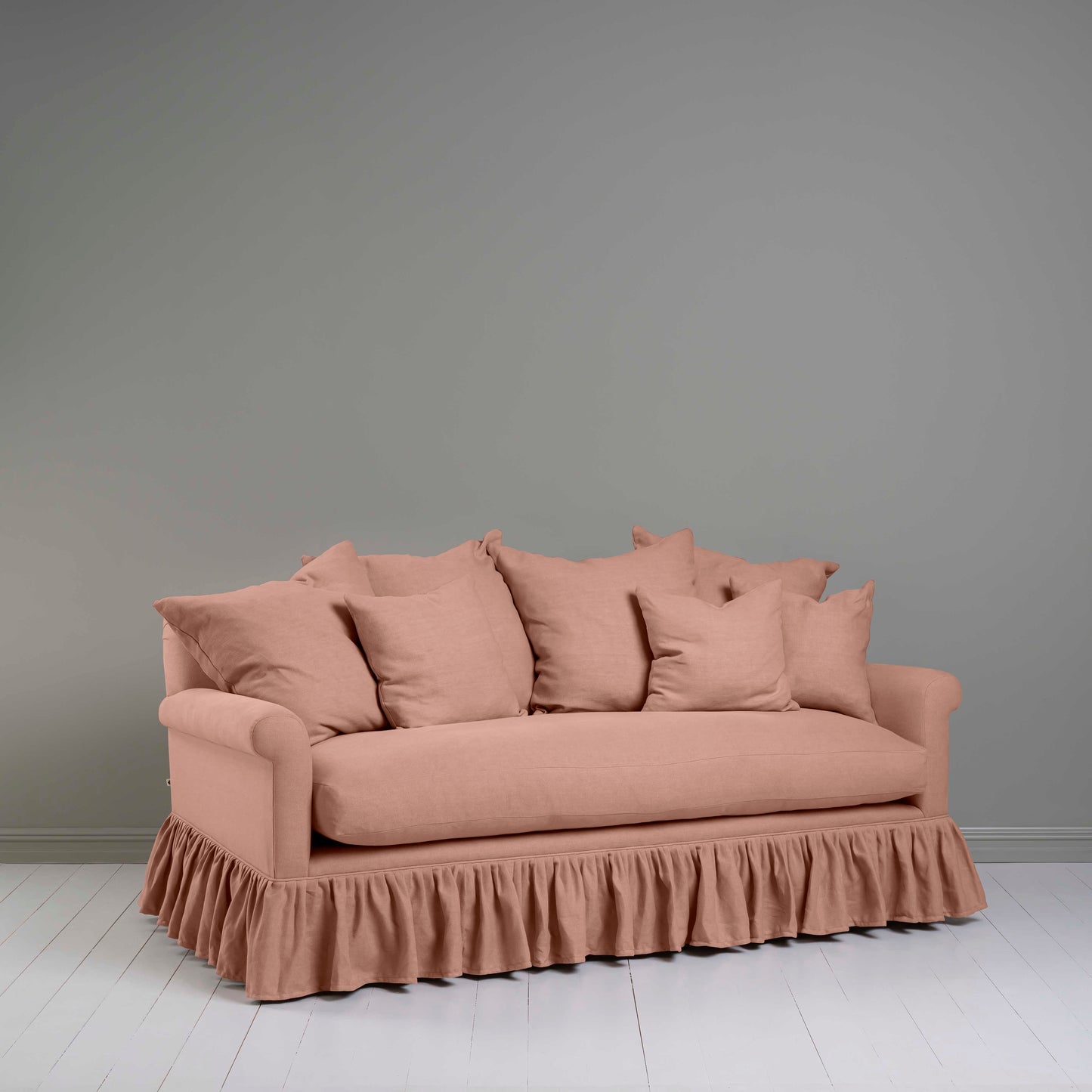Curtain Call 3 Seater Sofa in Laidback Linen Roseberry, With Square Cushions - Nicola Harding