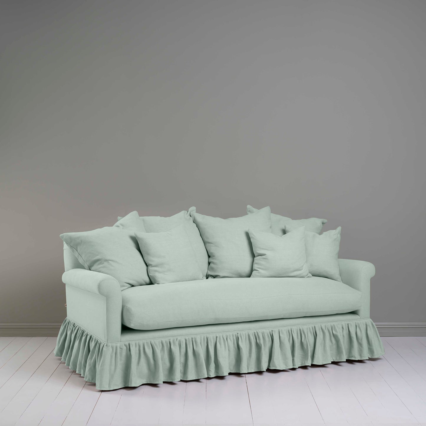 Curtain Call 3 Seater Sofa in Laidback Linen Sky, With Multiple Square Cushions - Nicola Harding