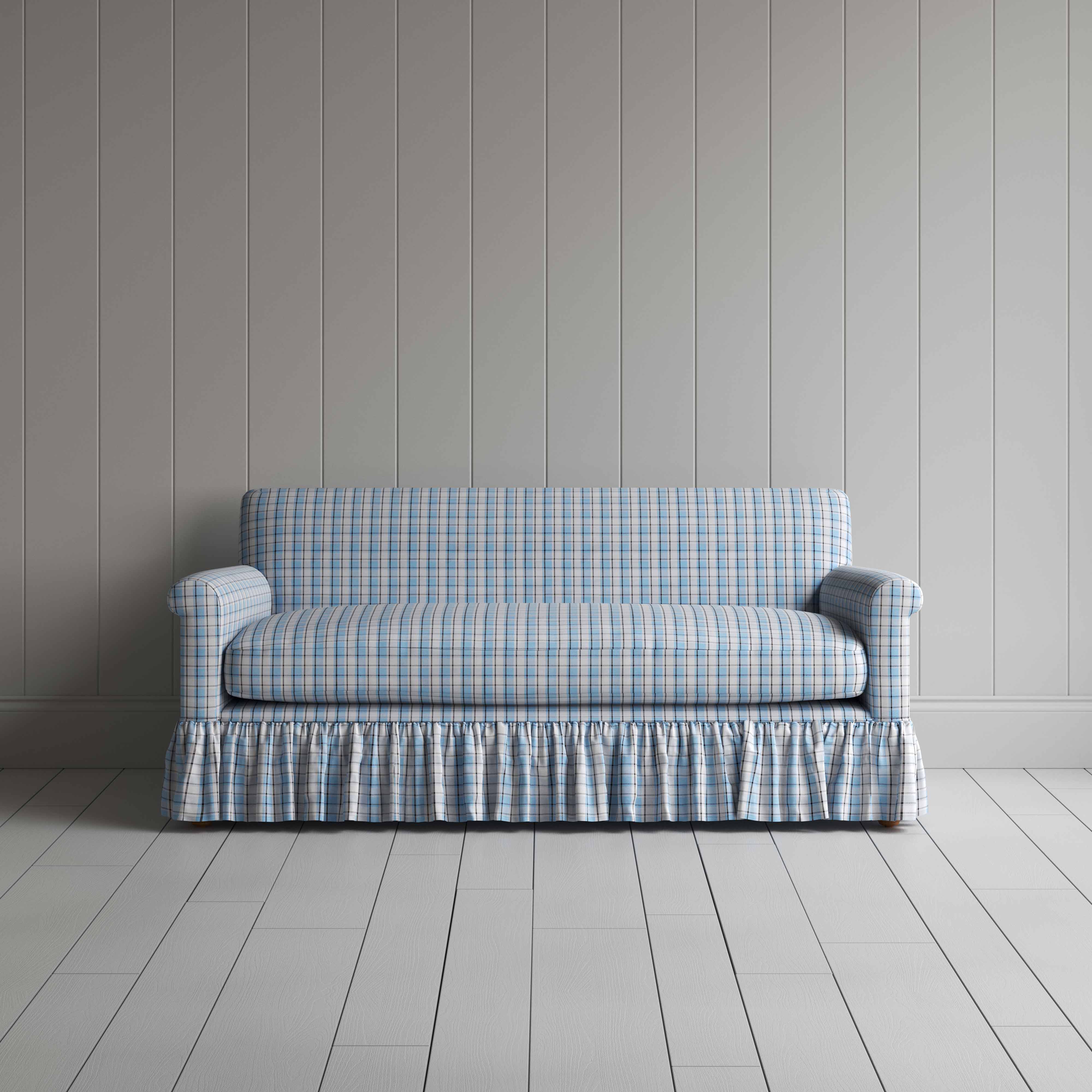  Curtain Call 3 Seater Sofa in Square Deal Cotton, Blue Brown, Front View - Nicola Harding 