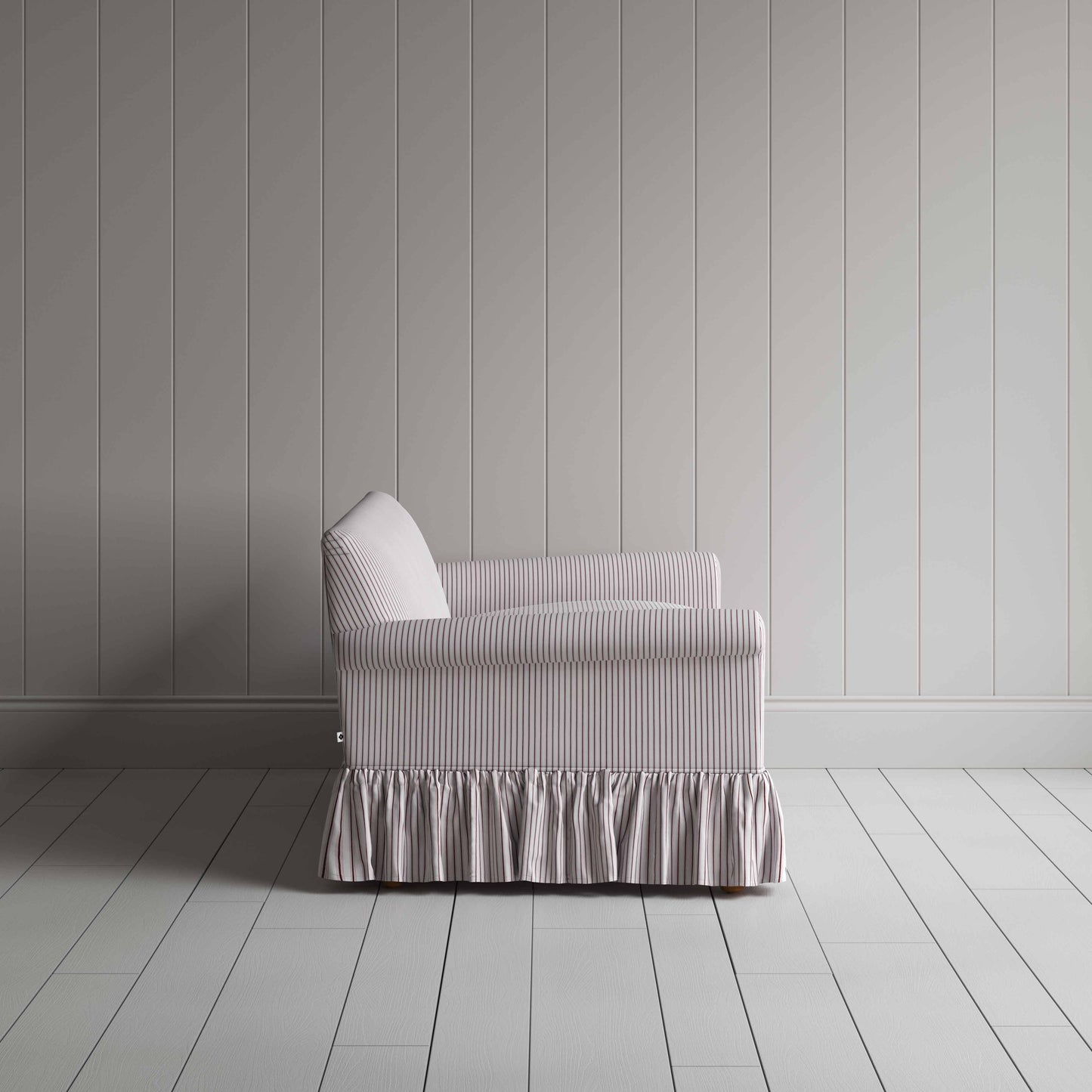 Curtain Call 3 Seater Sofa in Ticking Cotton, Berry, Side View - Nicola Harding