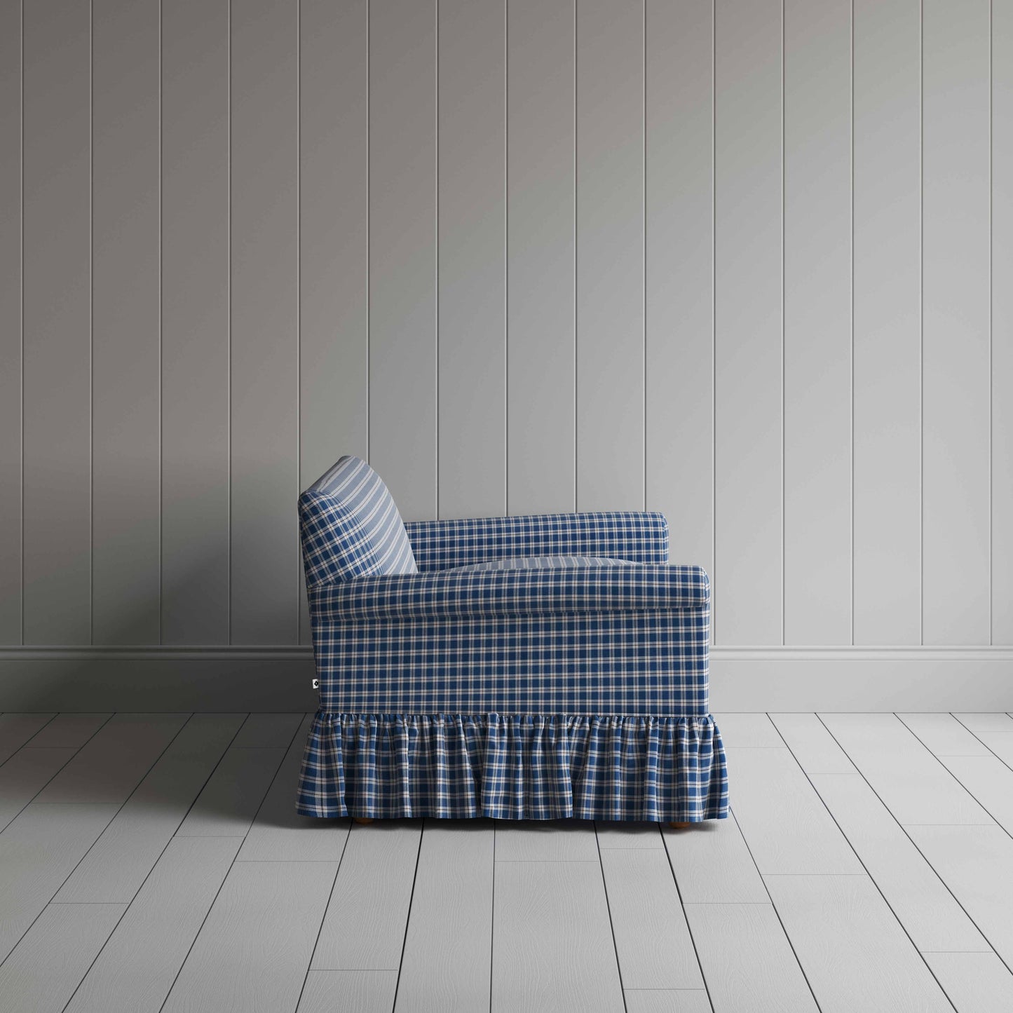 Curtain Call 3 Seater Sofa in Well Plaid Cotton, Blue Brown, Side View - Nicola Harding
