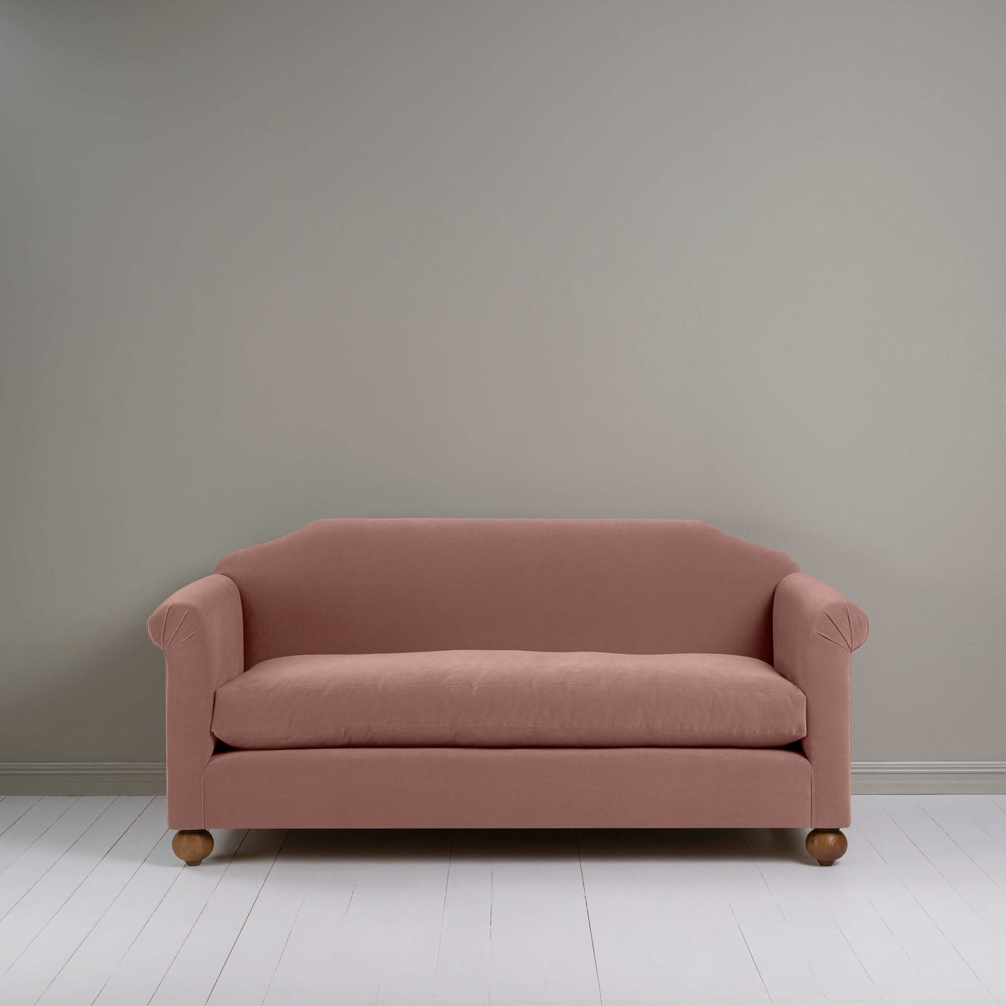 Dolittle 3 Seater Sofa in Intelligent Velvet Dusky Pink, Front View - Nicola Harding